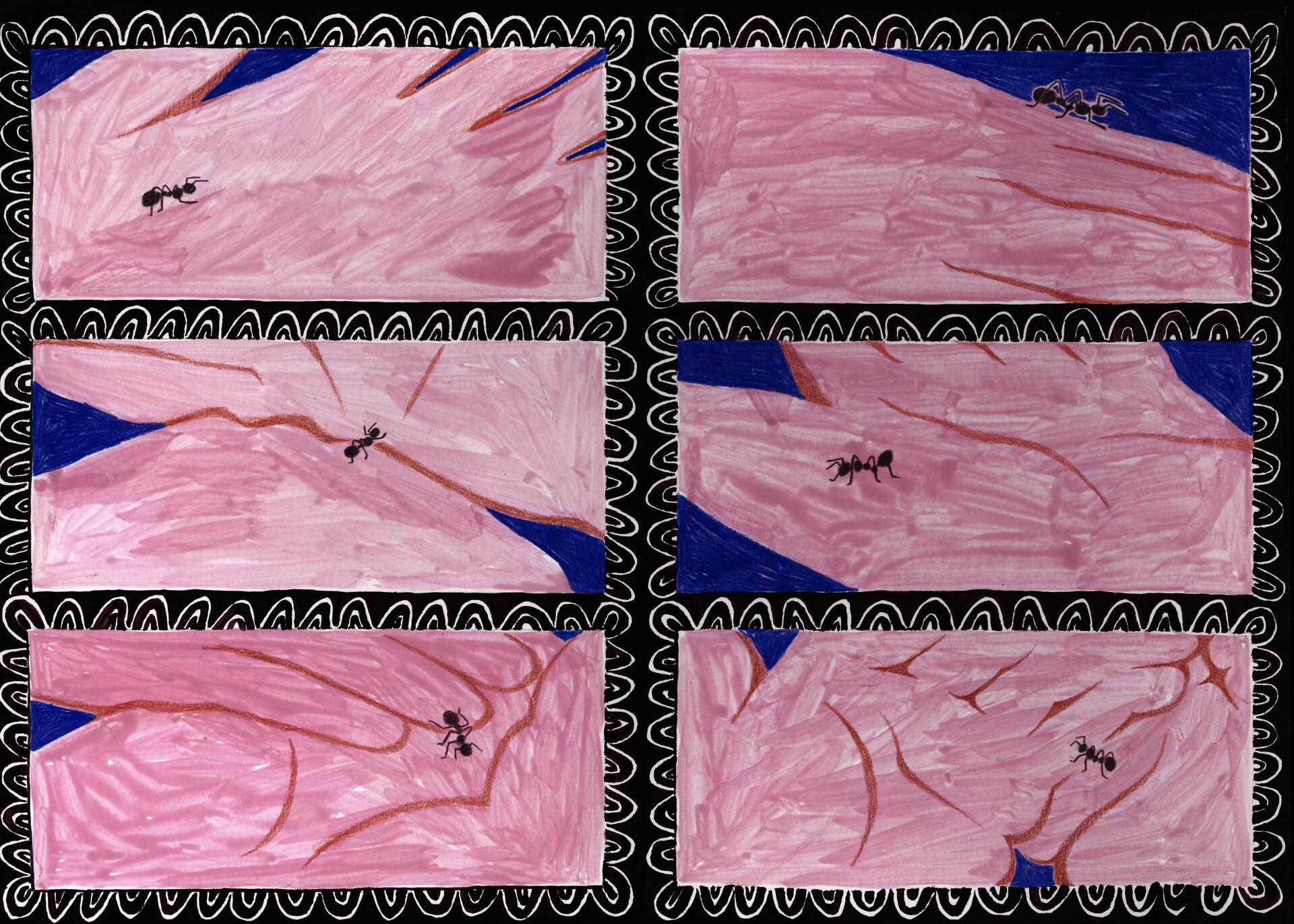 "Every surface becomes a landscape" is a six-panel comic that depicts an ant walking on a person's hands. Because of the loose traces, the surface of the hands becomes more abstract.