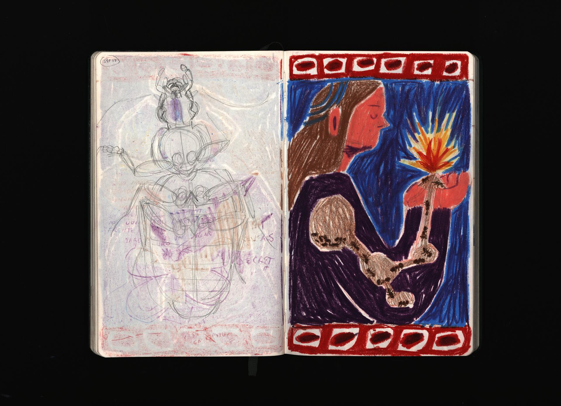 This sketchbook spread depicts a person containing ants inside. In her hands, there is an anthill from which ants are going out. 