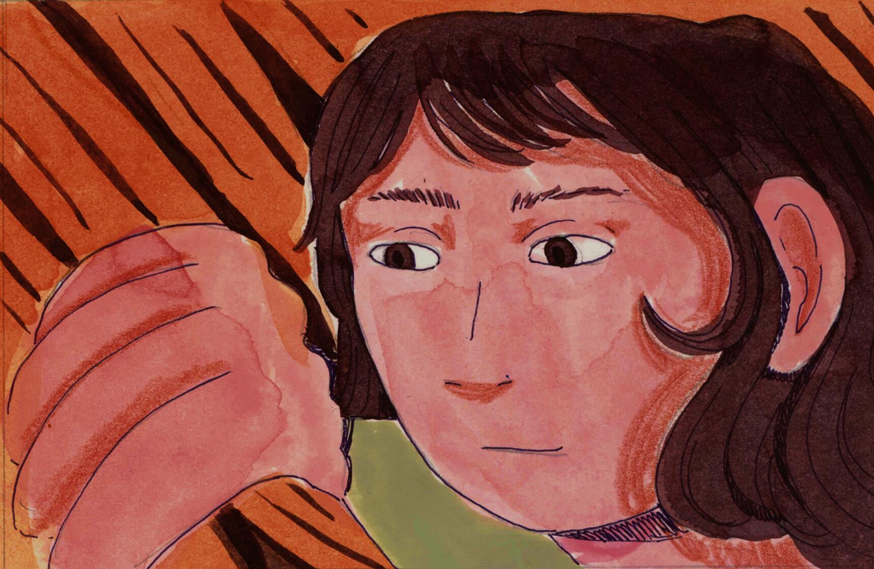 Image depicting a woman looking through yellow grass. 