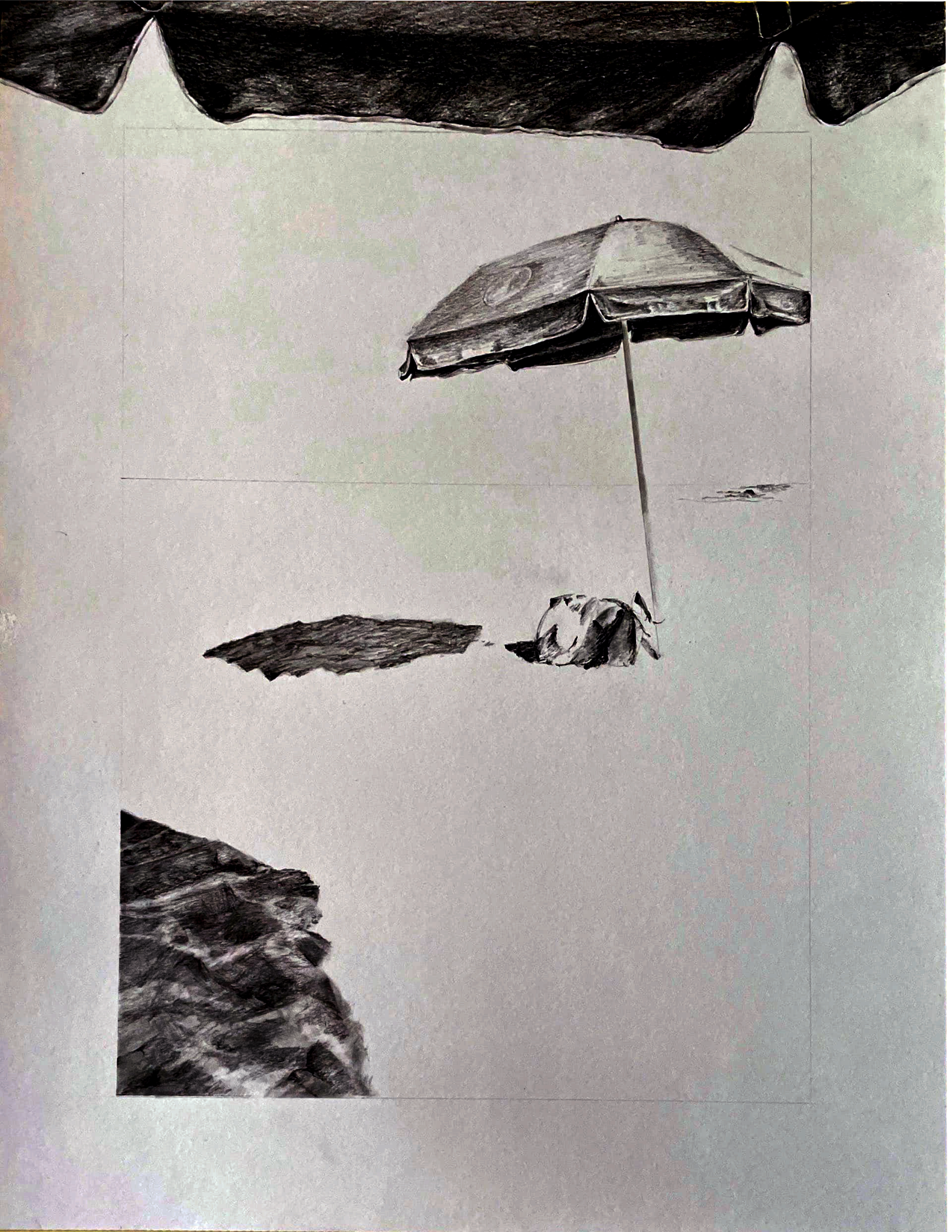 Umbrellas: Graphite and pencil drawing of Dunes Club beach umbrellas and shore fragments on white, evoking leisure and coastal erosion.