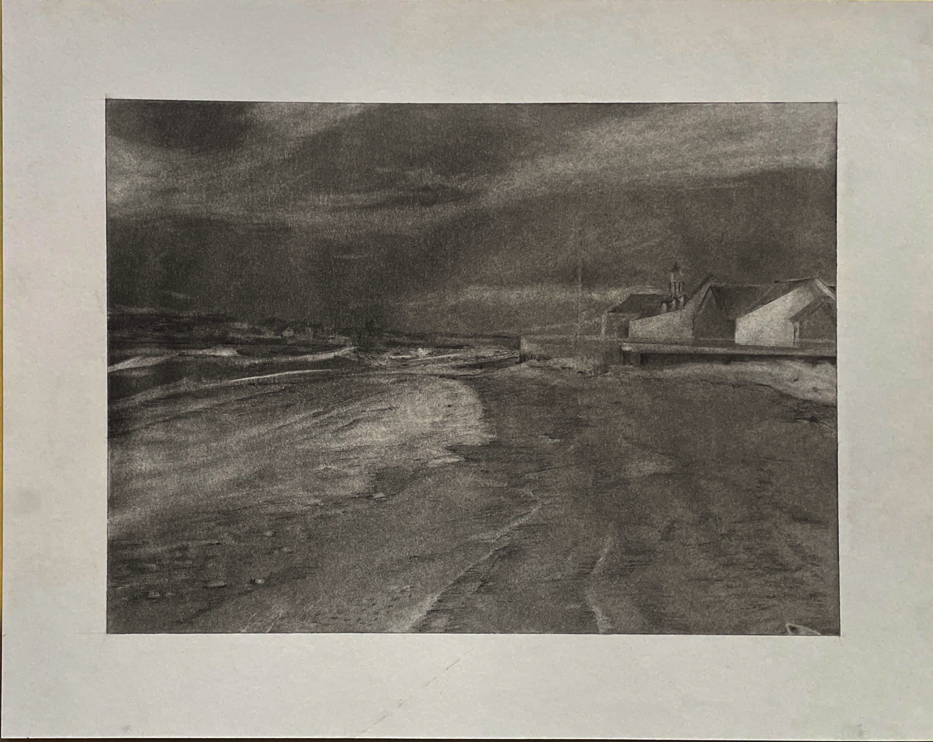 Low Incoming Tide: Graphite Dust and Pencil drawing of a wide winter beach at low tide with Dunes Club and storm clouds on the horizon.