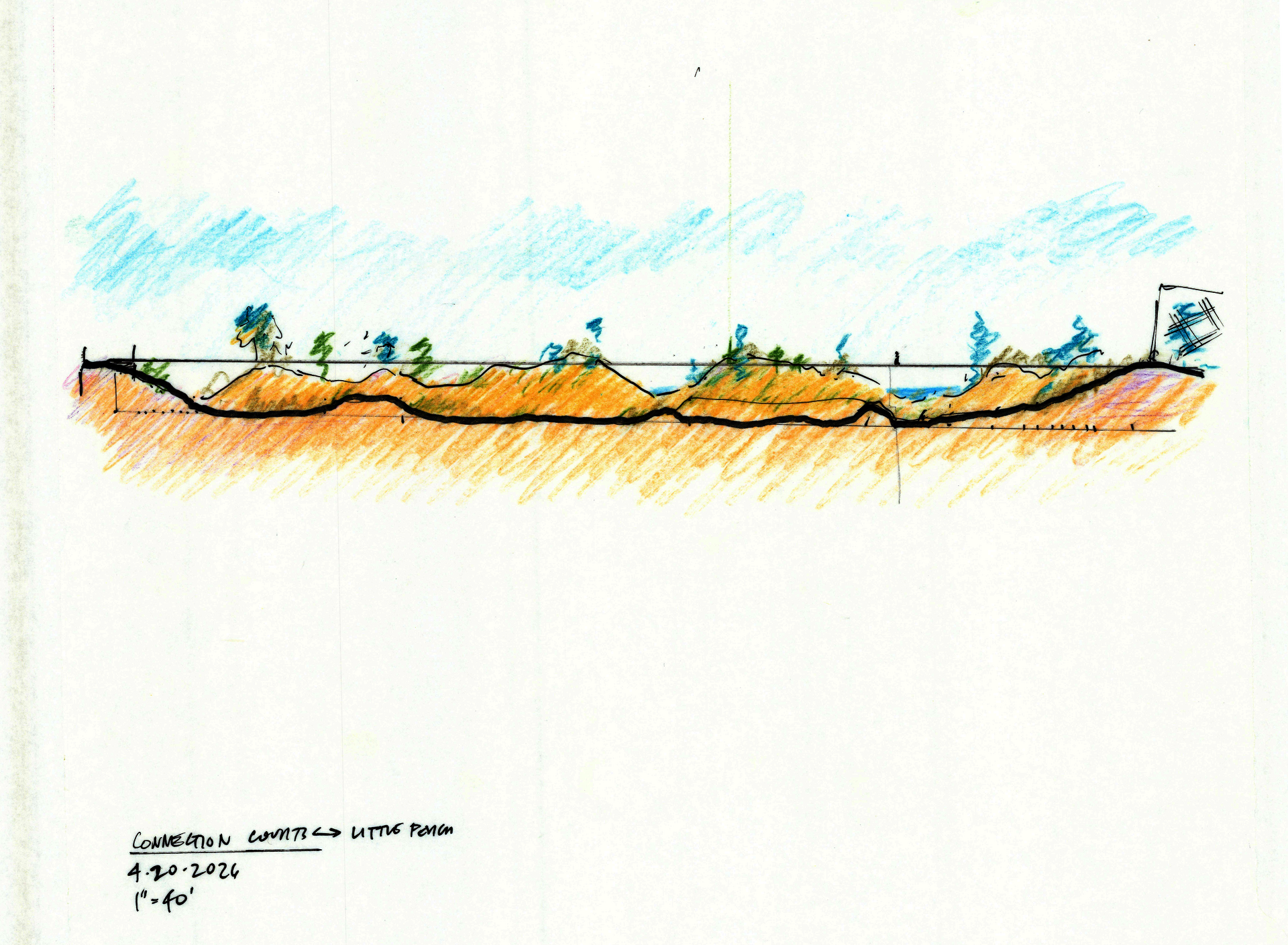 Drift Line Concept Section: Color pencil section of proposed dune and driftline connection from courts to Little Porch, Dunes Club, Narragansett, 1"=40'.