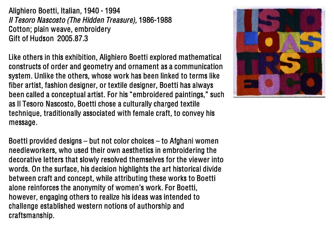 A screenshot with a short paragraph of biographical information about the artist and some collections information. Below are two paragraphs of interpretive description that describe Boetti's use of a culturally charged craft and his collaboration with Afghani women needleworkers. A small image of the artwork is in the top right. 