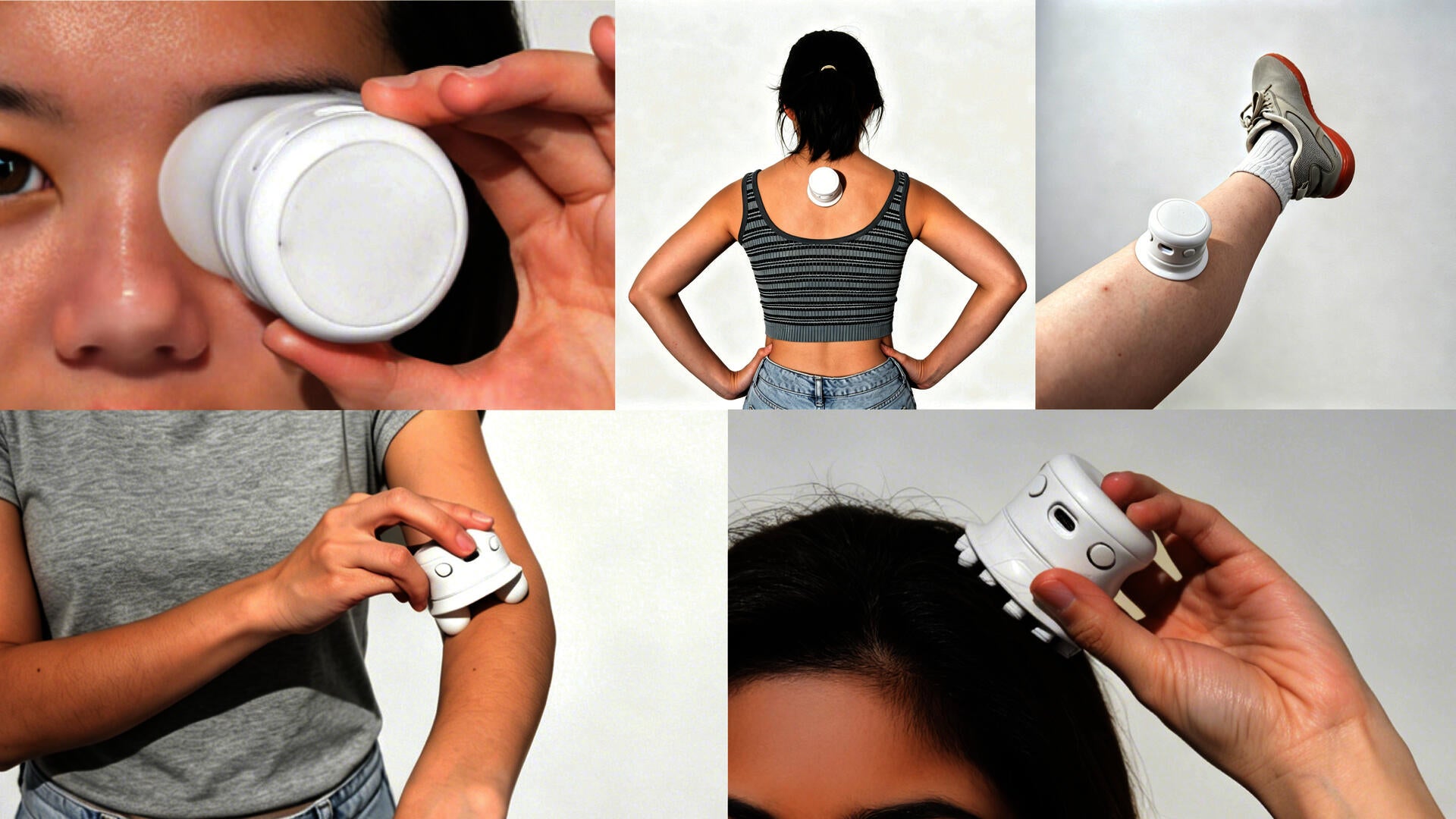 People using the steam device on different parts of the body, including the arm, leg, eye area, scalp, and back.