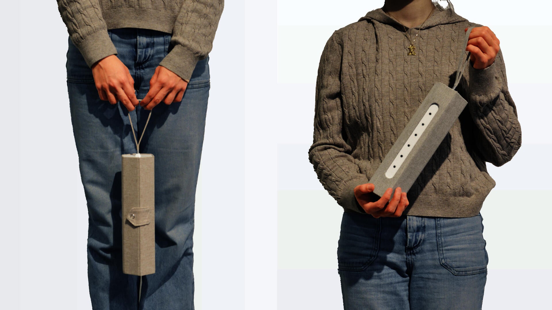 Two models each holding a steam device—one beige, the other gray.