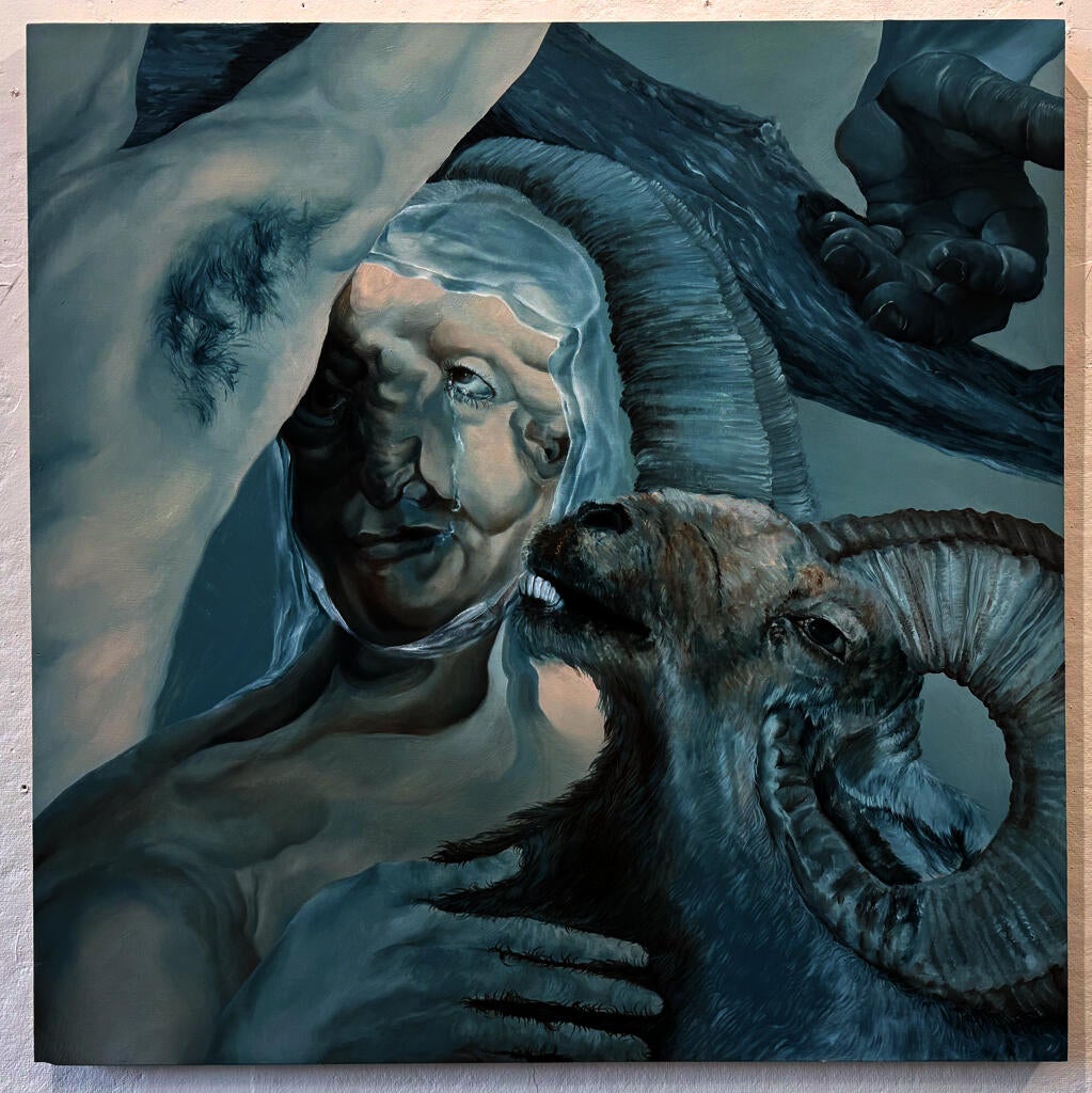 Distorted human and ram forms intertwined in cool blue tones, with overlapping limbs and a translucent covering over the face.