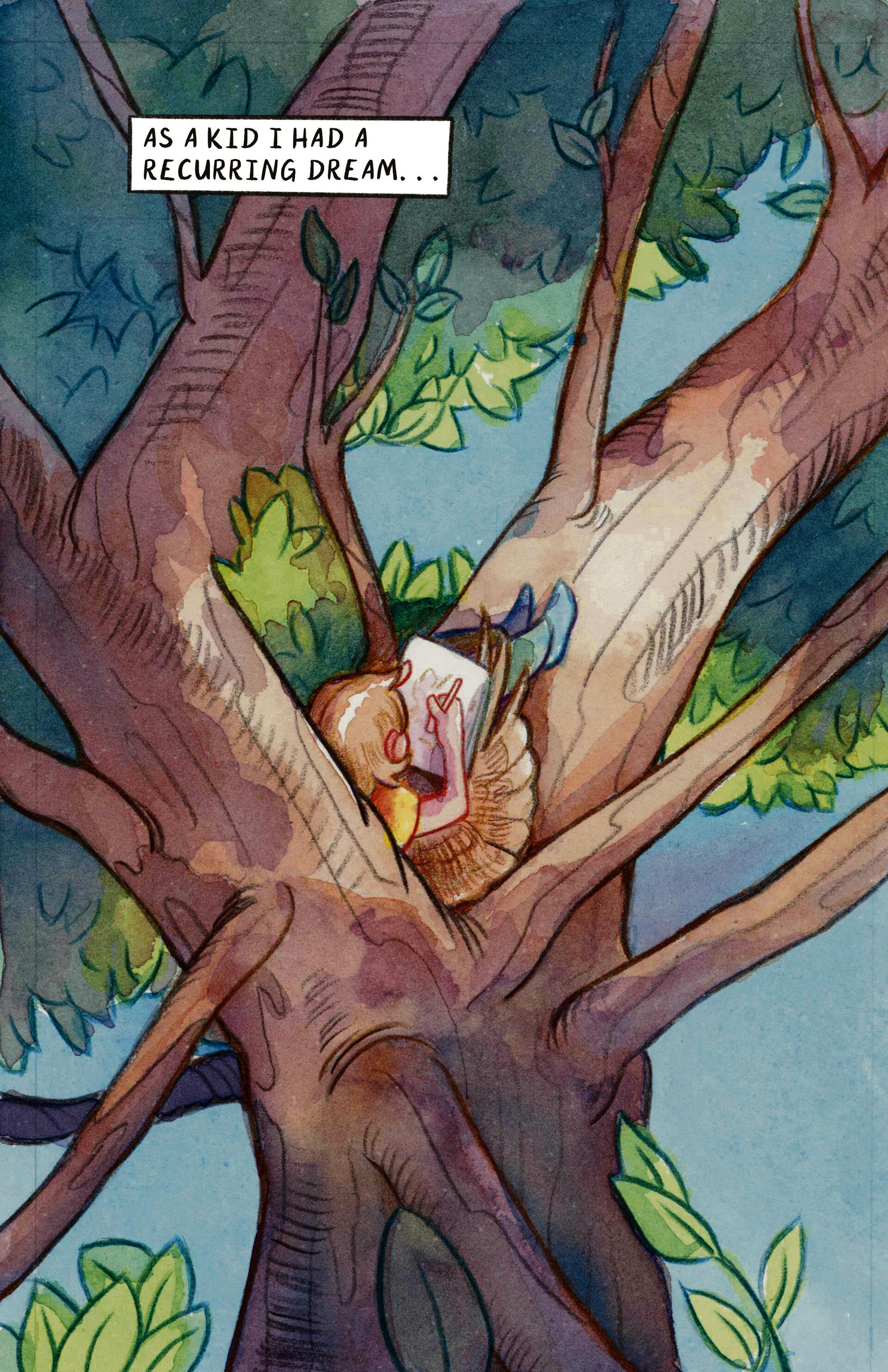 A comic page showing a single image of a child with wings sitting in a tree and drawing on a pad of paper. The text reads "as a kid I had a recurring dream".