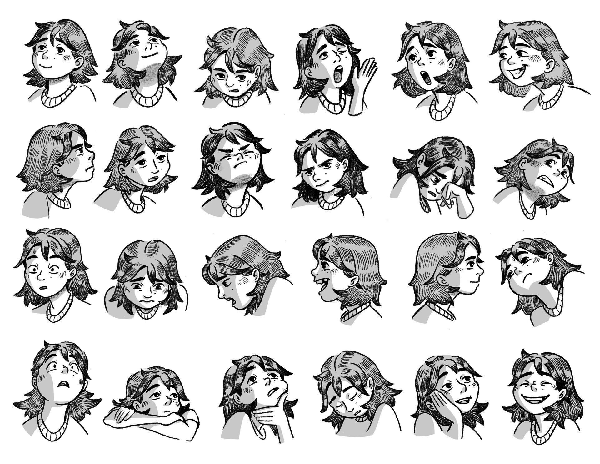 An expression sheet illustrating the different emotions of a young girl.