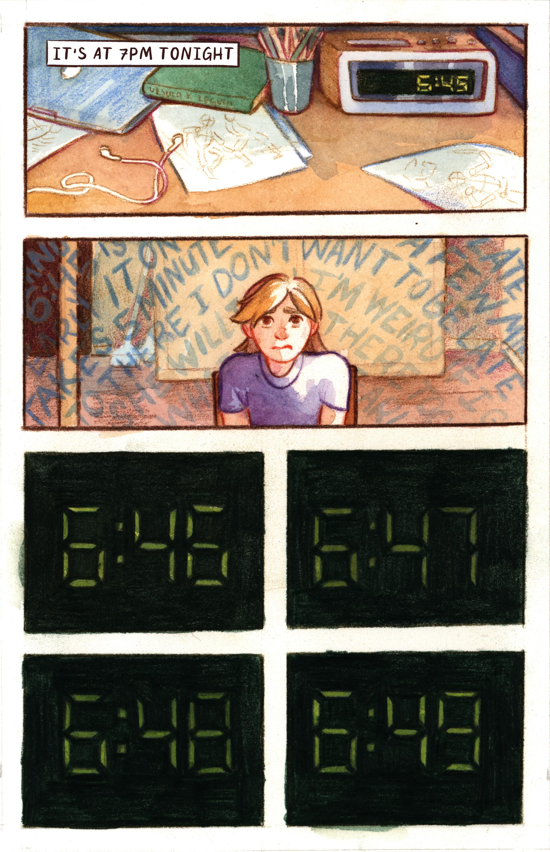 A comic page showing a young woman waiting anxiously as a clock ticks. The text reads "its at 7pm tonight".