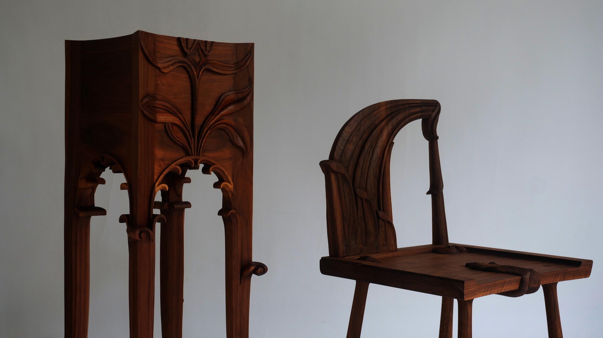 Contemporary wood sculpture, 36x14x14 inches, fusing 600-year carving tradition with modern aesthetics through leaf-inspired forms and precise cuts