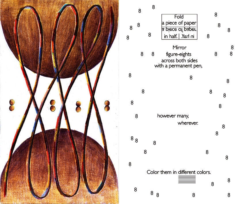 Left is the image side: interwoven colored figure-eight lines extend vertically between two brown circular forms, forming a symmetrical looping structure, with small dots arranged across the center suggesting the number eight, creating a continuous rhythm. Right is the prompt side: minimal text and dispersed “8” symbols on a white layout instruct folding a piece of paper, drawing mirrored figure-eights on both sides, and coloring them in different colors.