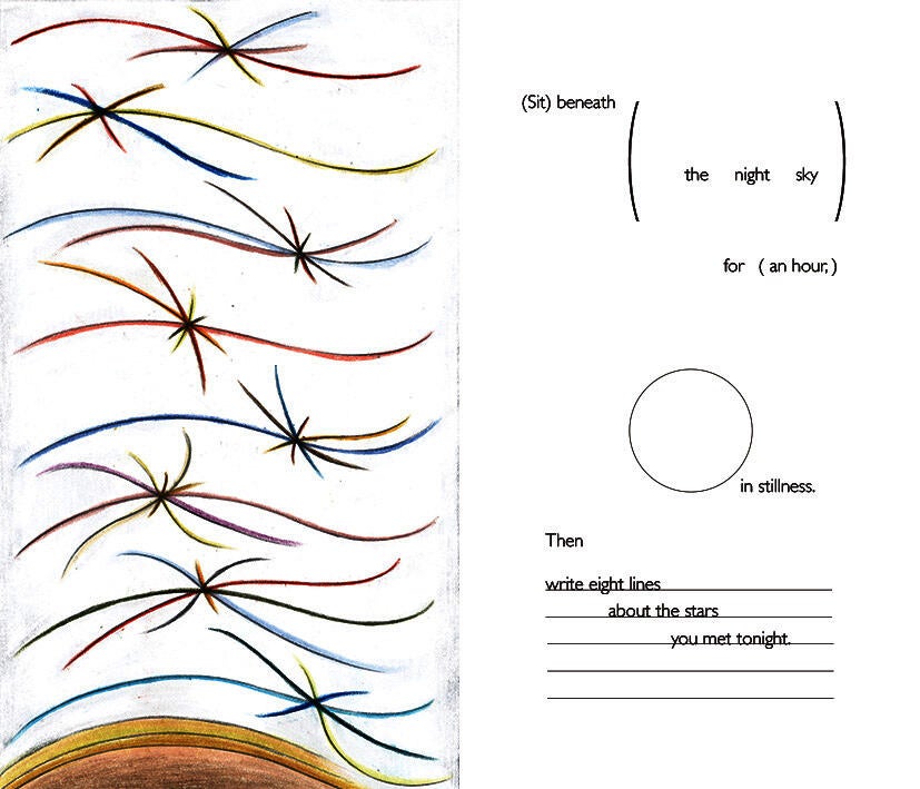 Left is the image side: multiple radiating colored lines extend outward from central points, forming star-like shapes across a white night sky, with a curved horizon at the bottom. Right is the prompt side: minimal text on a white layout instructs sitting beneath the night sky for a period of time and writing eight lines about the stars.
