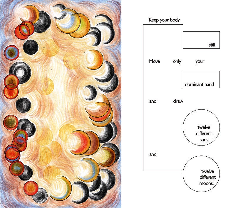 "Left is the image side: suns and moons in circular and crescent forms are arranged in a looping path, alternating warm and dark tones, with a soft glow at the center. Right is the prompt side: minimal text on a white layout instructs keeping the body still, moving only the dominant hand, and drawing twelve different suns and twelve different moons."