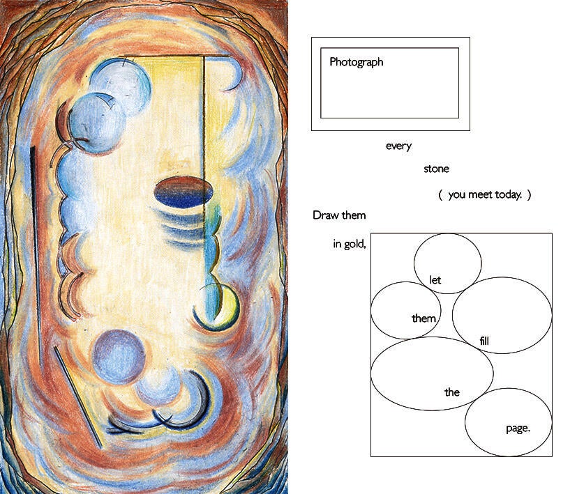 Left is the image side: soft colored strokes expand around a central, rock-like window structure, with floating circular and curved forms arranged in light layers. Right is the prompt side: minimal text on a white layout instructs photographing every stone encountered that day and drawing them in gold to fill the page.