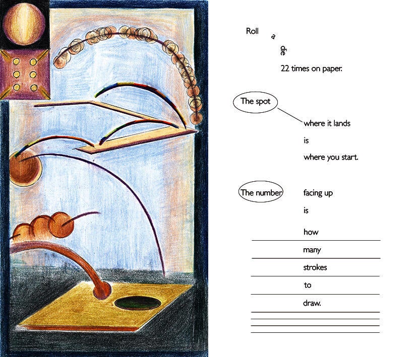 Left is the image side: curved lines and circular forms create a path-like movement through the space, suggesting the trajectory of a die as it falls and bounces, with multiple nodes above and to the left and a landing point at the bottom. Right is the prompt side: minimal text on a white layout instructs rolling a die 22 times, using each landing spot as a starting point and the number facing up to determine the number of drawing strokes.