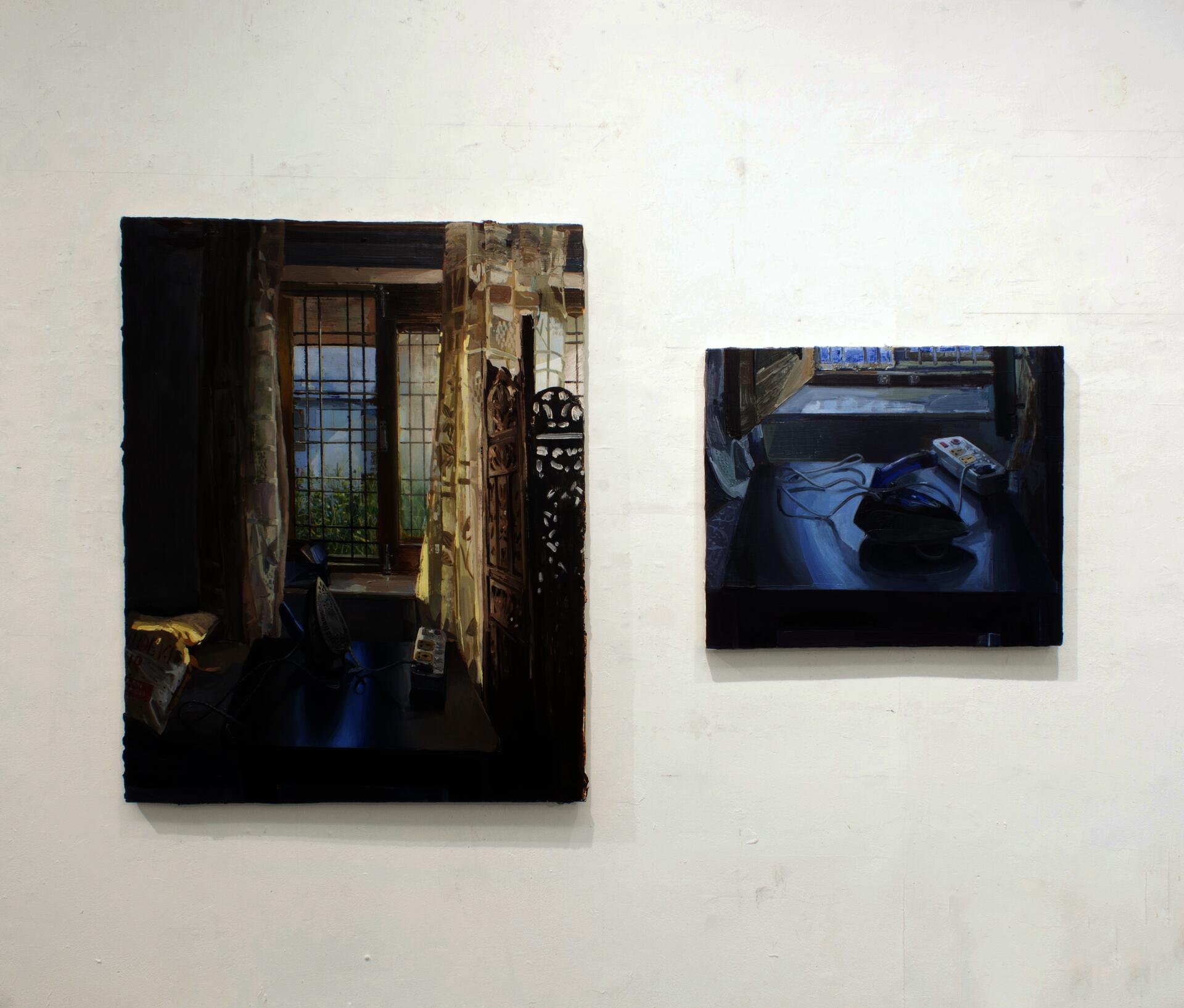 Two paintings of an iron on a table next to a window with curtains and a cable attached to a utility board.