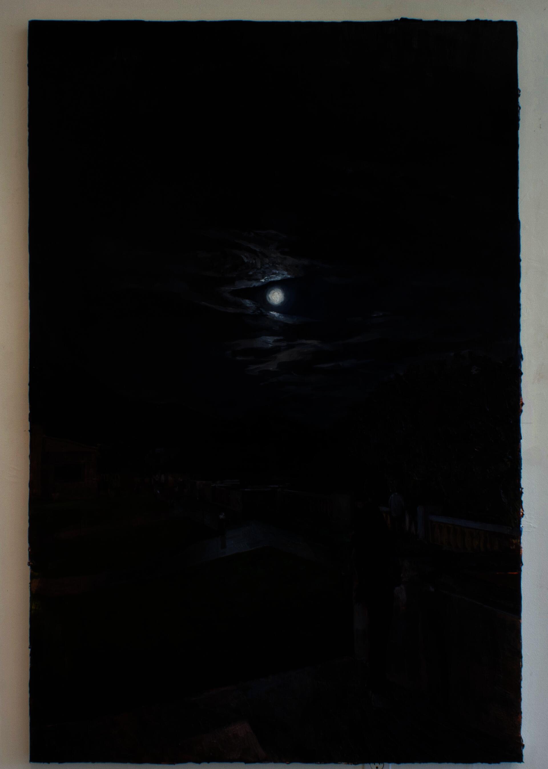 Two figures stand on a terrace on a dark moonlit night