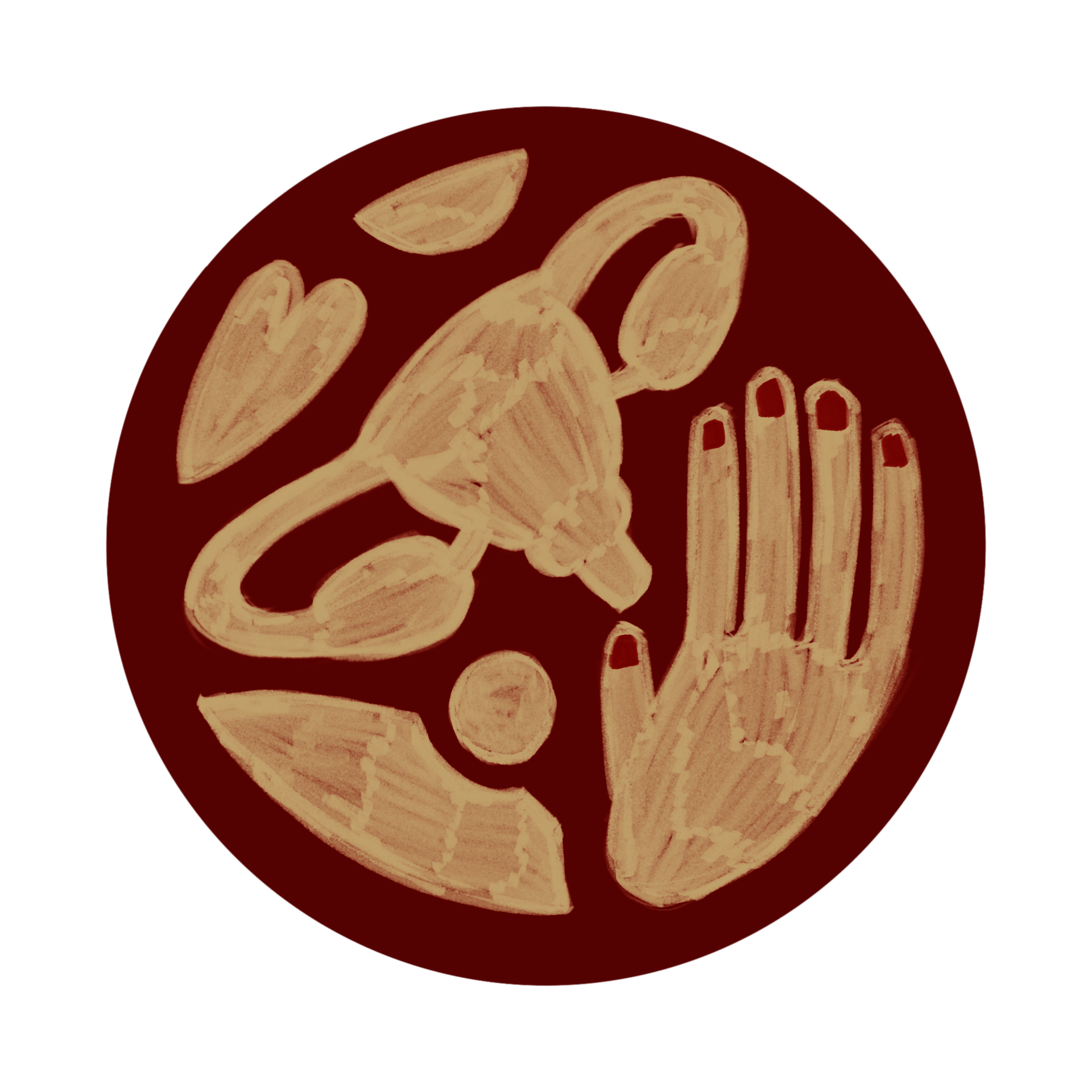 Hand-painted circular seal rendered in deep crimson and warm cream. The composition features a uterus, a raised open hand with red nails, a heart, and a small circle, arranged in a flowing, symbolic grouping. The original artwork from which all other branded pieces were derived.
