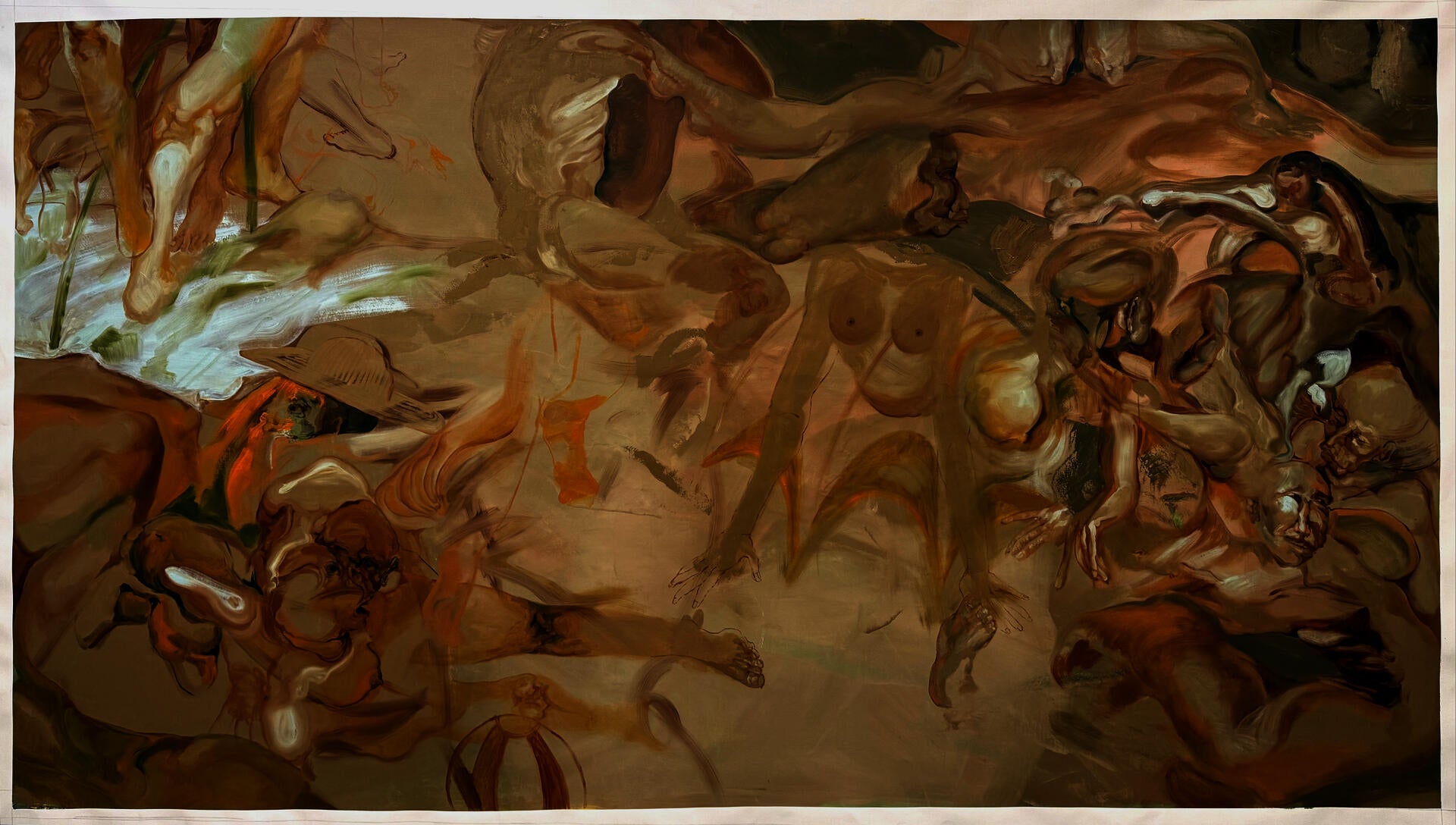 A large horizontal painting describing a beach scene with a primary umber color. Includes description of body both appearing and disappearing to the background. 