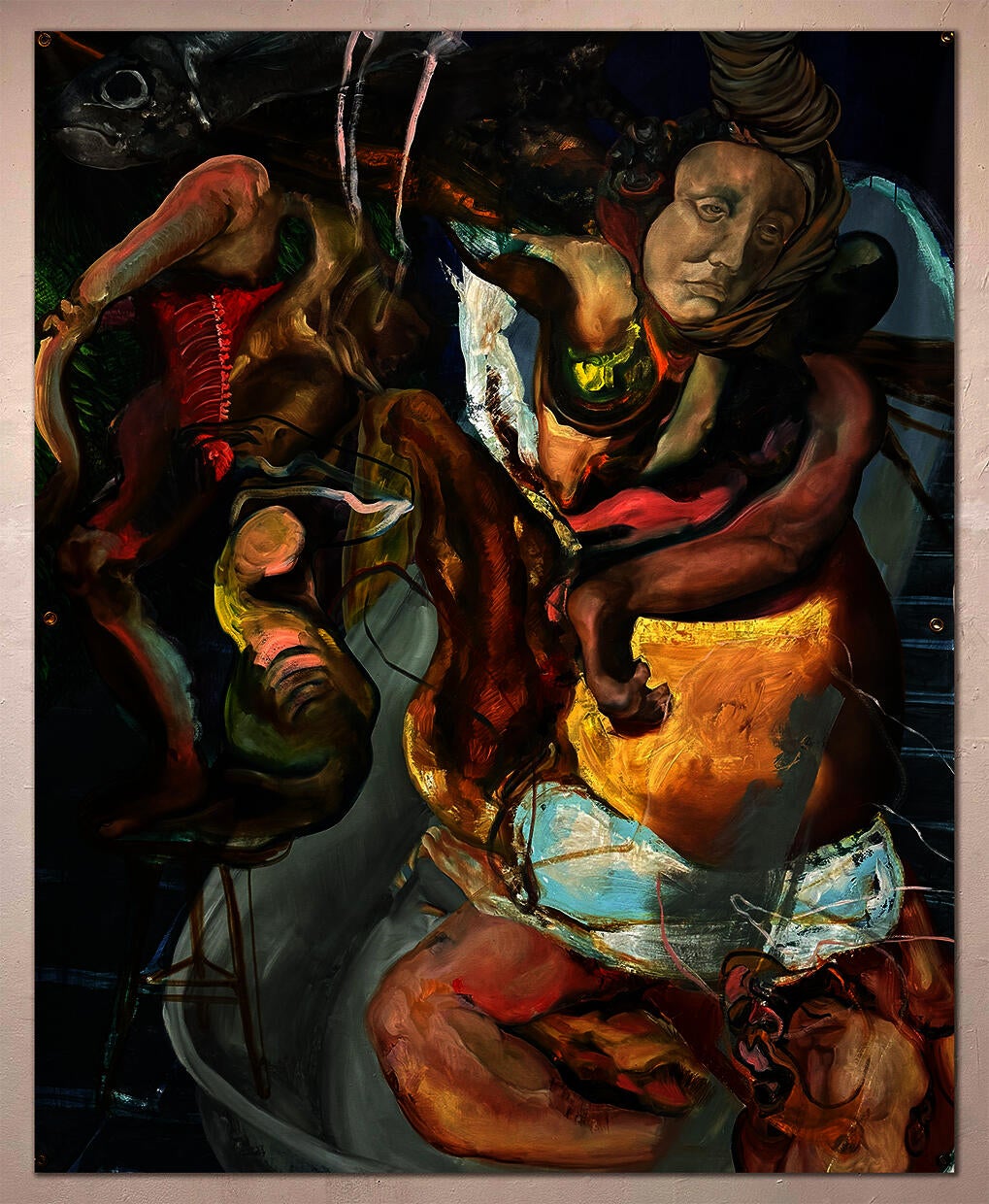 Distorted, multicolored human figures intertwined around a tub, with exaggerated limbs and a sculptural face amid swirling forms.