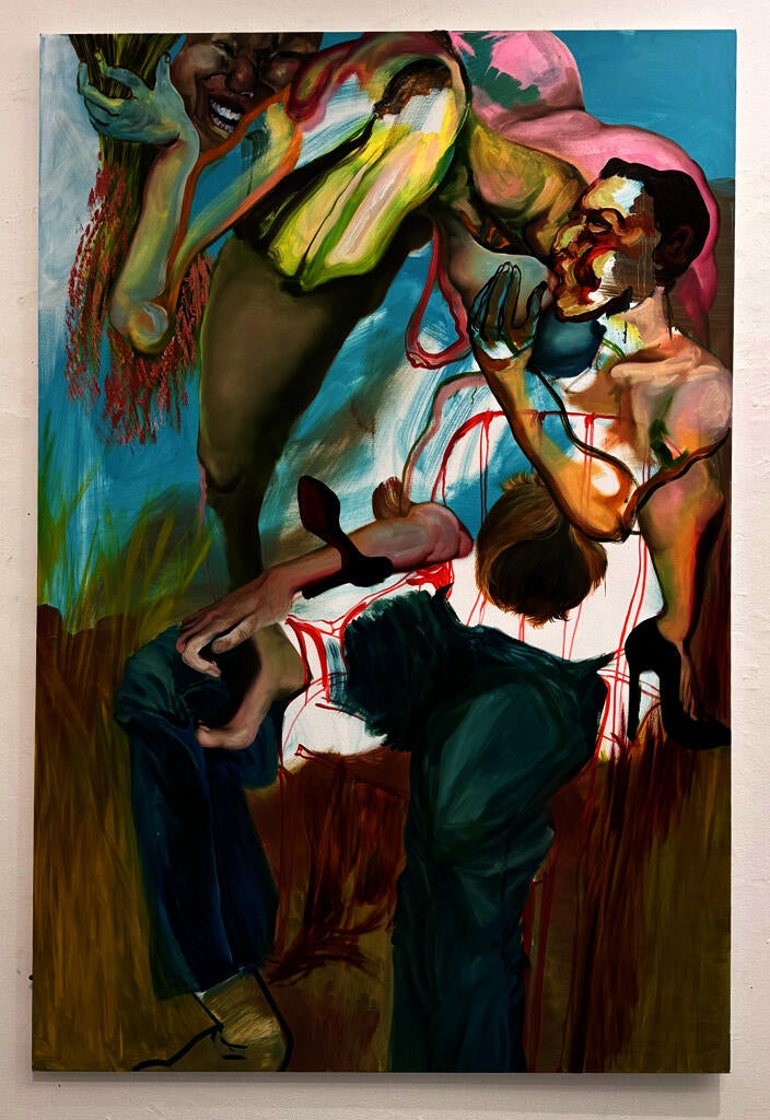 A figure standing on top of a chair, seated by another figure. The bottom figure is sucking on the breast of the other. 