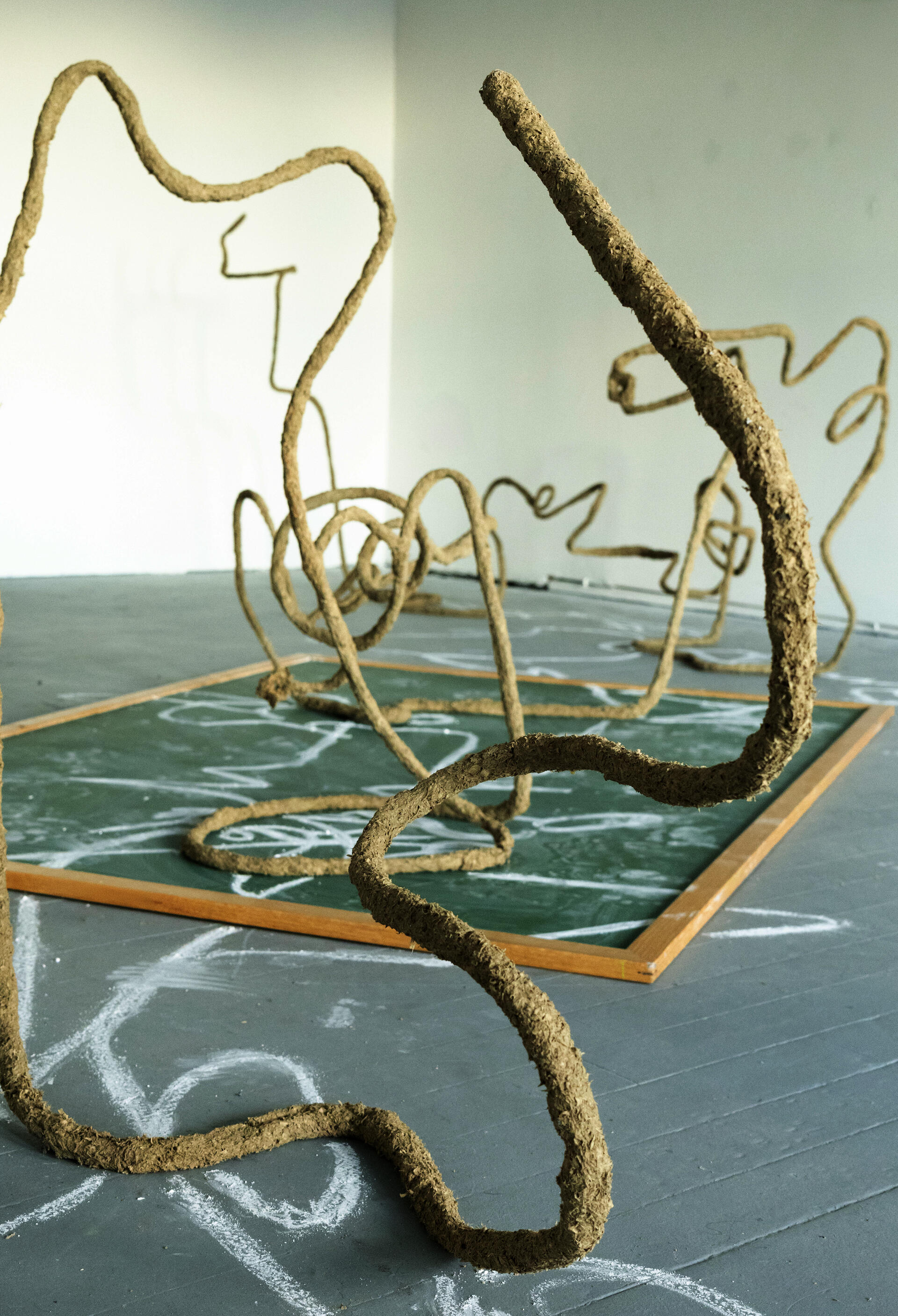 Large spiraling lines covered in a sawdust-like material sitting on top of a green chalkboard with wooden borders. The lines extend beyond the board, and there are lines of chalk on the floor and chalkboard.