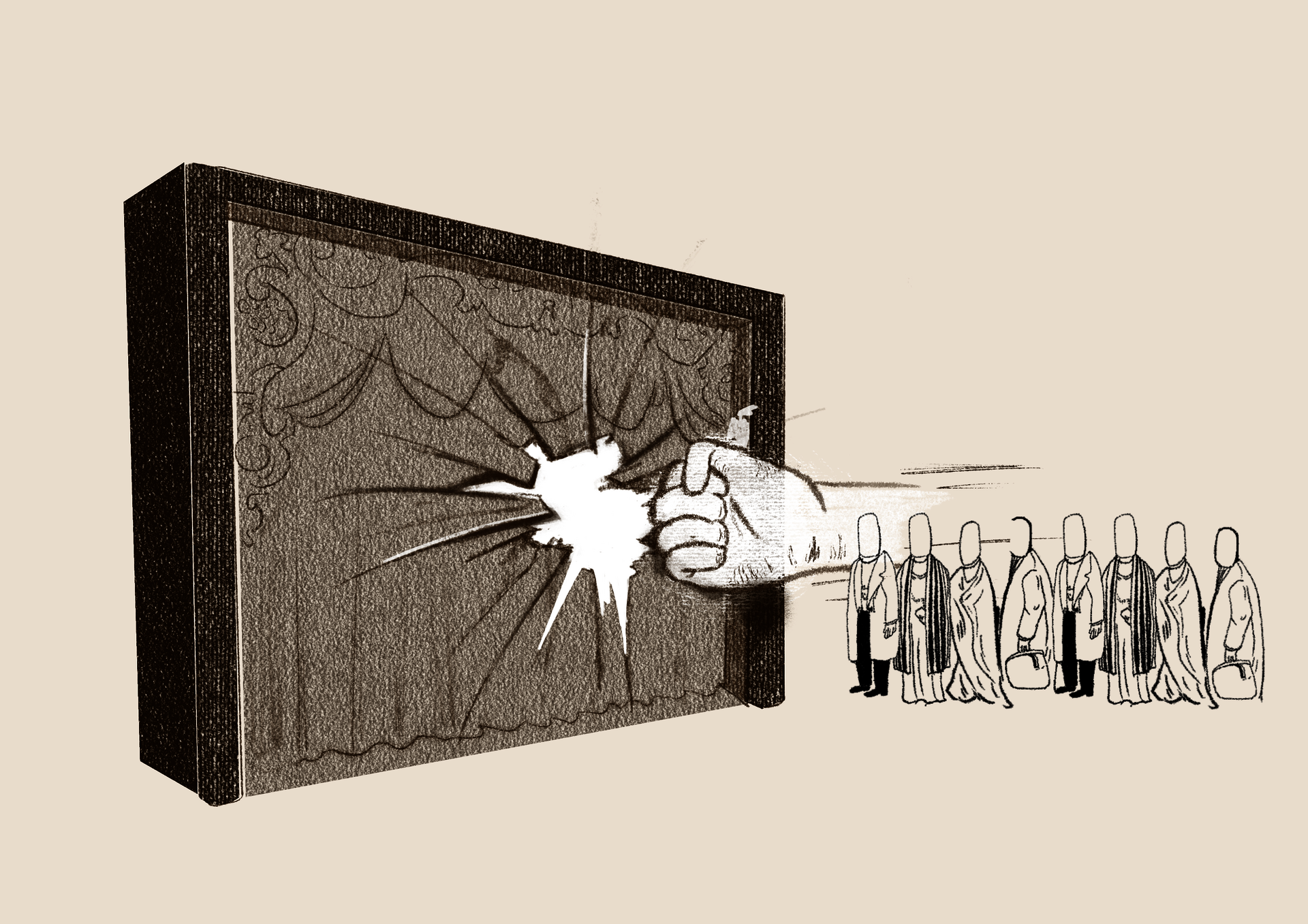 A fist breaks through a proscenium stage, symbolizing how immersive theater dissolves the barrier between audience and performance. Instead of watching from a distance, the audience steps into the space and becomes part of the story.