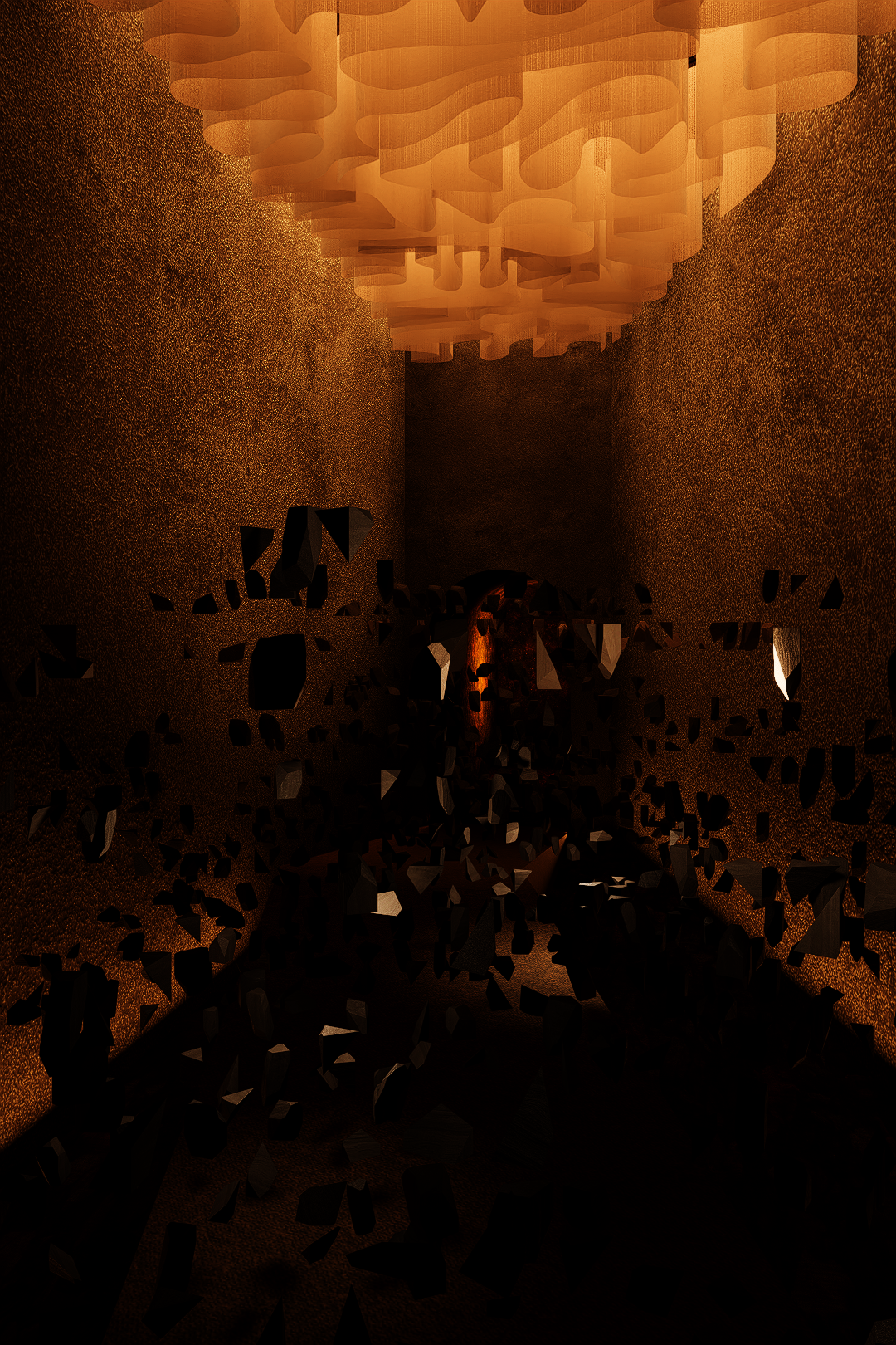 This room translates the exhaustion of Alice's Caucus-Race. The floor is a conveyor belt hidden beneath scattered rock fragments, so every step forward produces no progress. A warm glow from the undulating ceiling above contrasts with the unstable ground, making the body feel futility before the mind understands why.