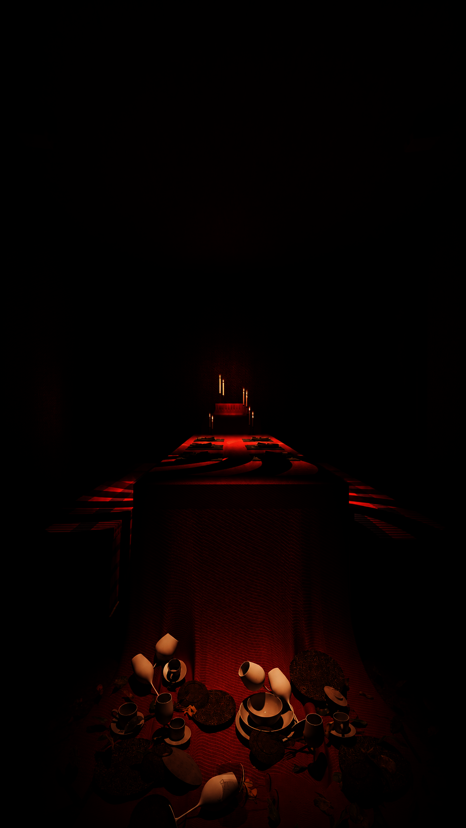 A long table draped in deep red stretches into darkness, lit only by faint candlelight at the far end. Projected cups and dishes sit on the surface. When a visitor reaches for them, the images slide away. When the hand pulls back, they return. The space evokes social awkwardness, where every attempt to participate is quietly refused.