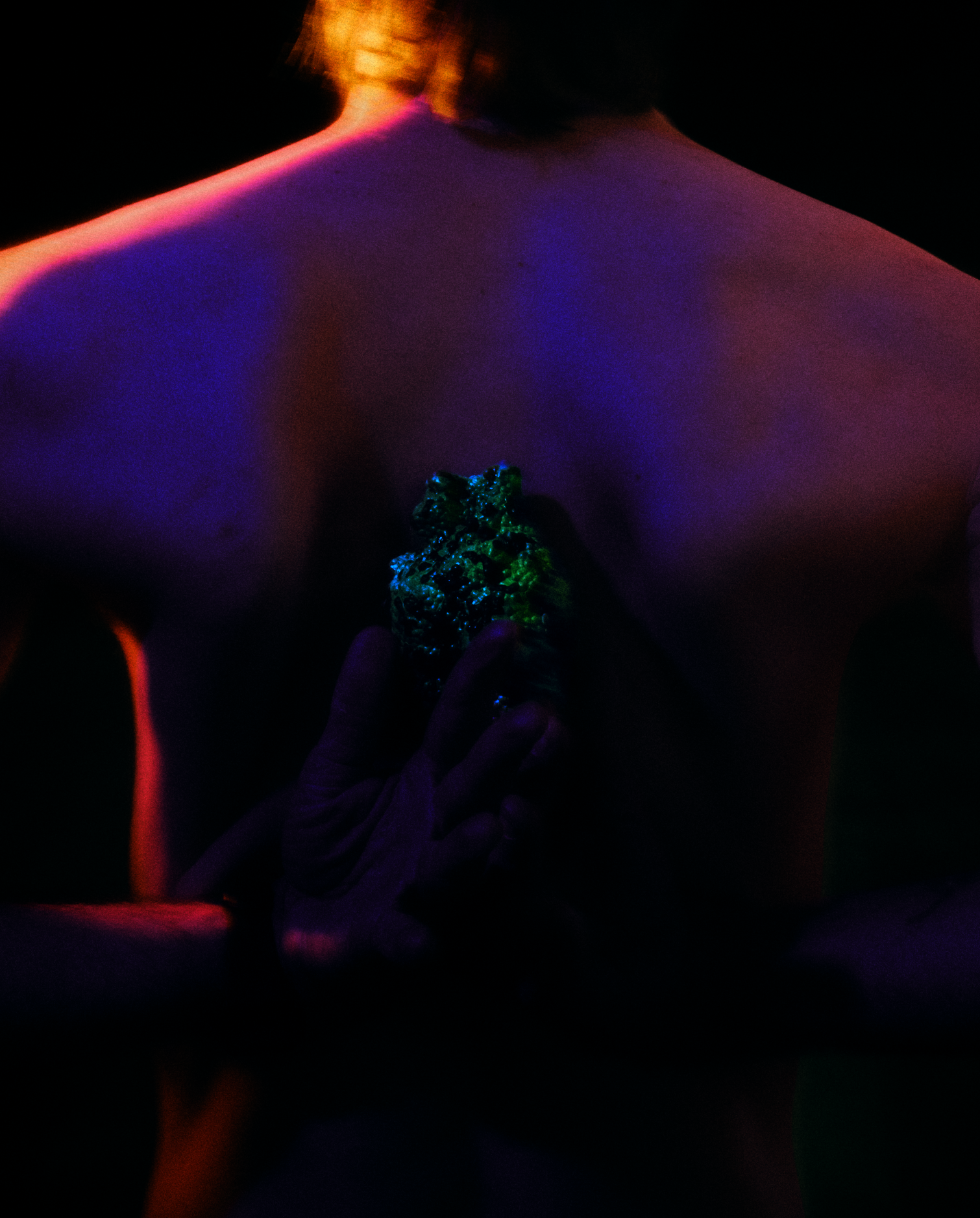 Green, textured heart-like object is pressed at center against a bare back, held by two hands from below; cool purple and deep blue shadows contrast with a warm yellow glow at the neck, creating tension.