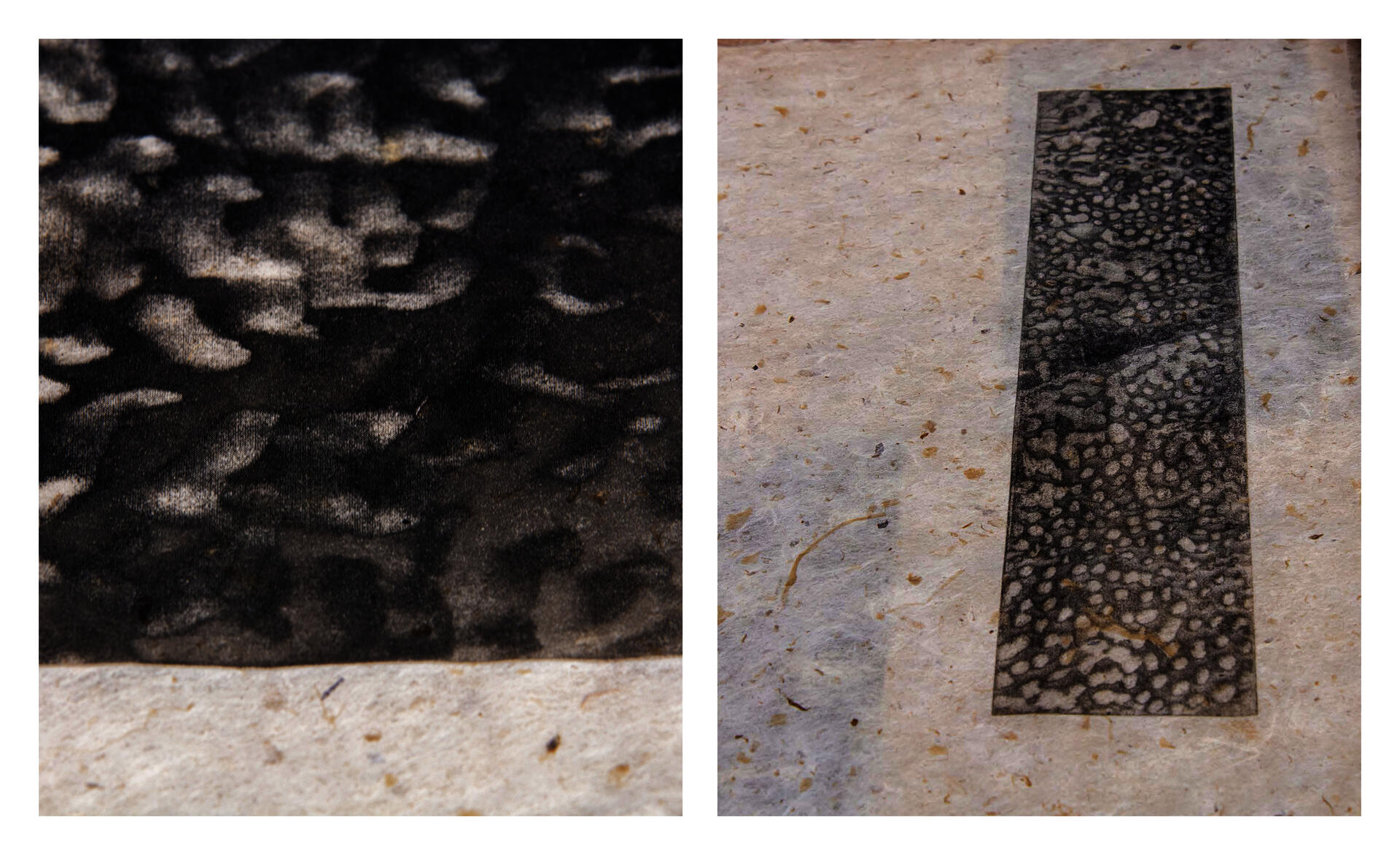 Close-up details of black printed textures on handmade paper pages with visible natural fibers.