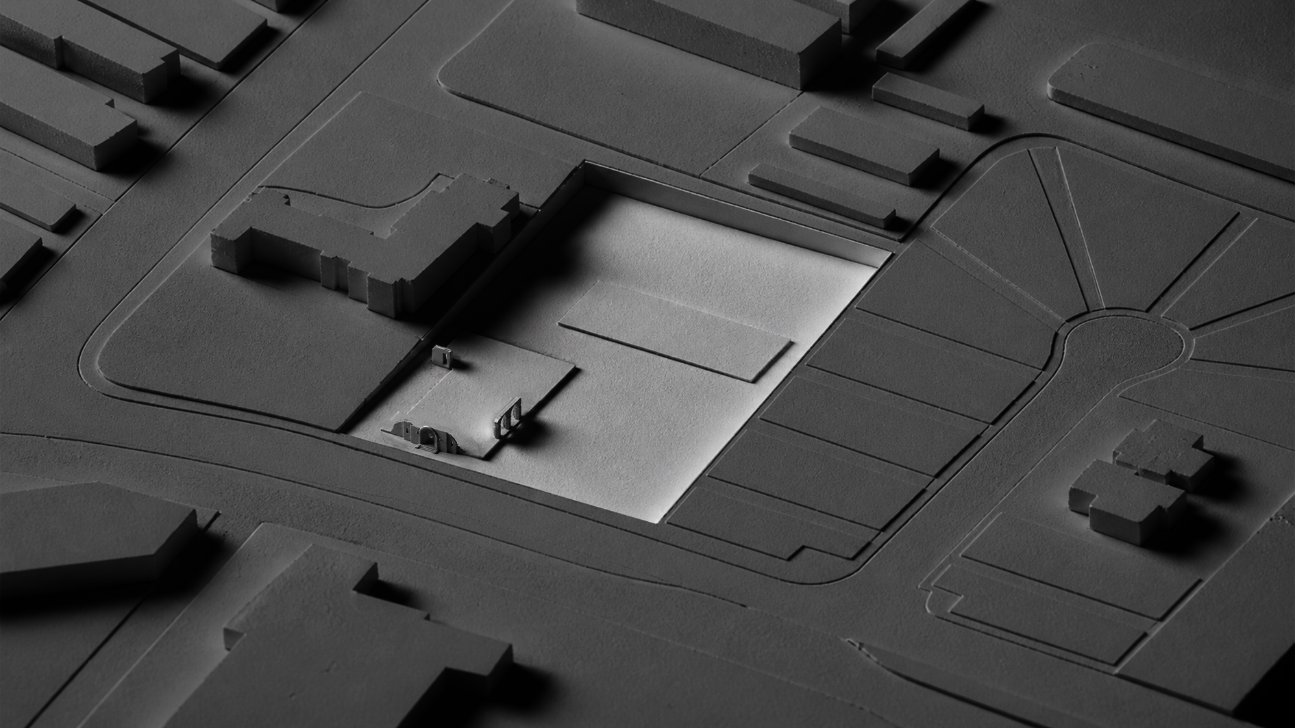 Site model showing the existing church ruin and surrounding streets
