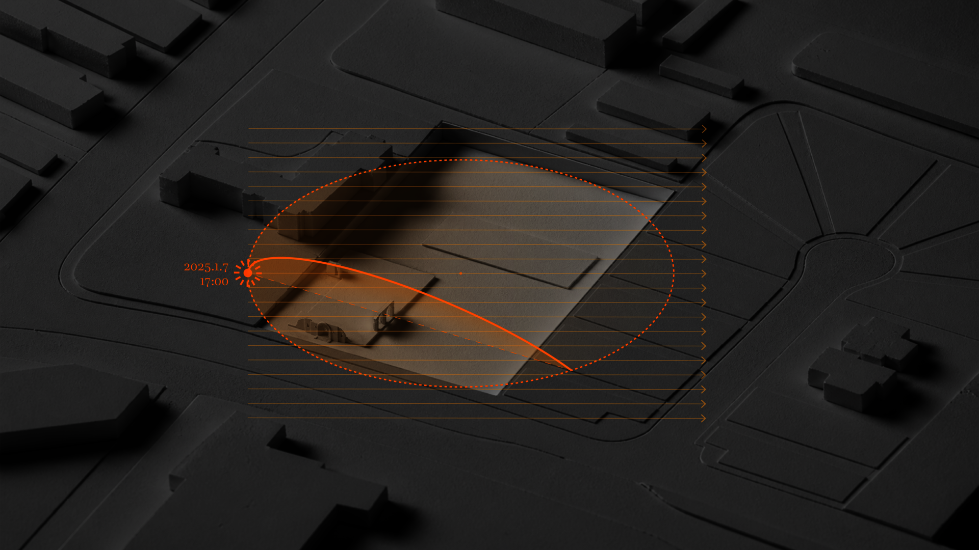 Solar alignment diagram showing the Fire Axis derived from the sunset angle on January 7, 2025, over the church ruin site