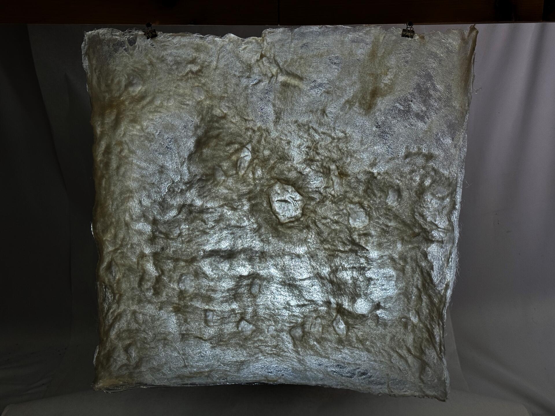 A sheet of material made from a mixture of wool and methylcellulose. 21 inches by 21 inches. The material is nearly opaque, but light can still pass through. This material will be applied to the back of the user’s head in the final “shelter” design to reduce the feeling of being watched by others or having one’s privacy invaded.