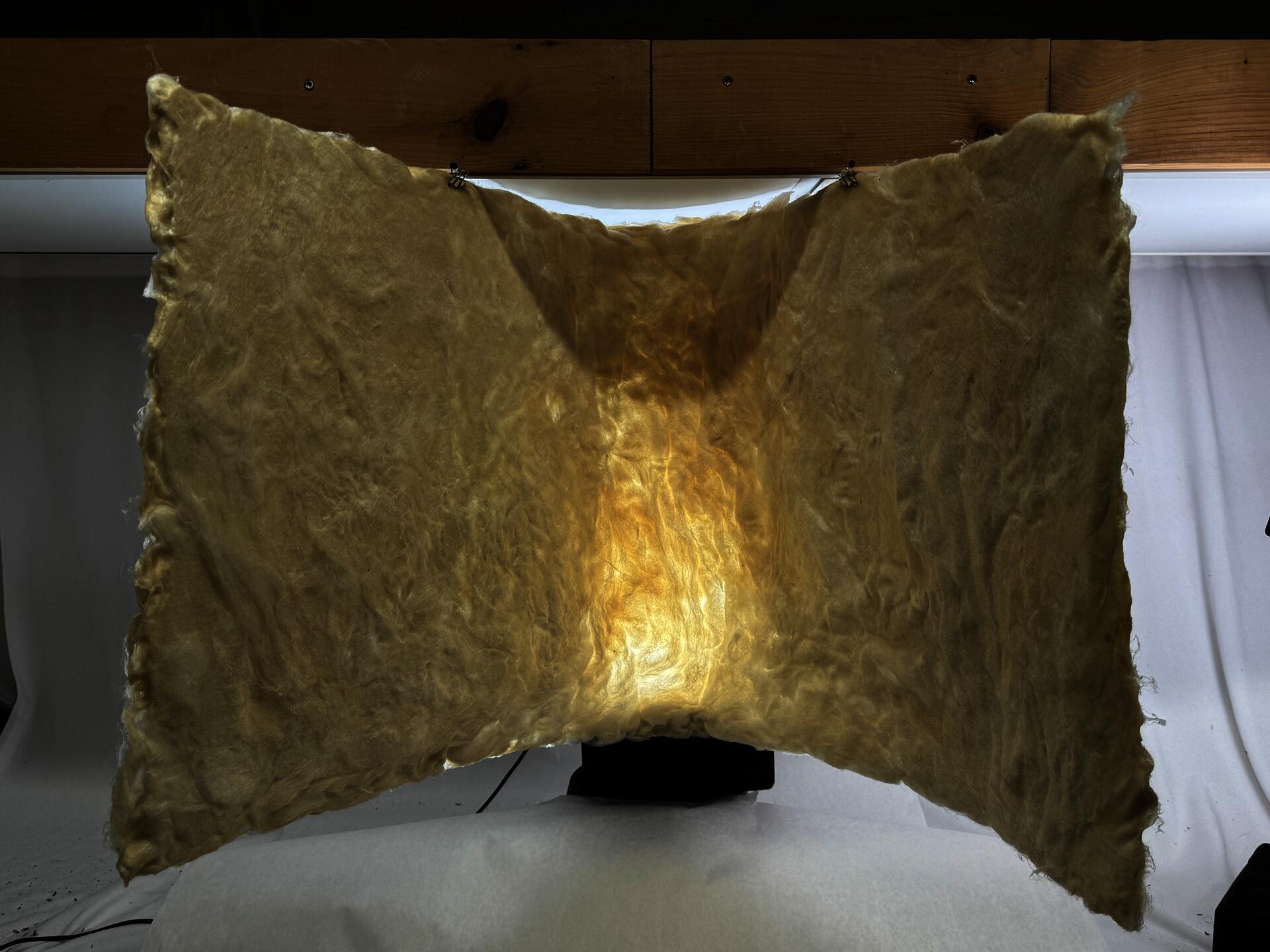 A material made primarily from wool and gelatin. 21 inches by 45 inches. The material is thick and has a high wool density. The gelatin has yellowed due to heat exposure. Thanks to the wool’s excellent sound-absorbing properties, this material will be placed on either side of the wearer’s ears in the final “shelter” design to reduce noise.