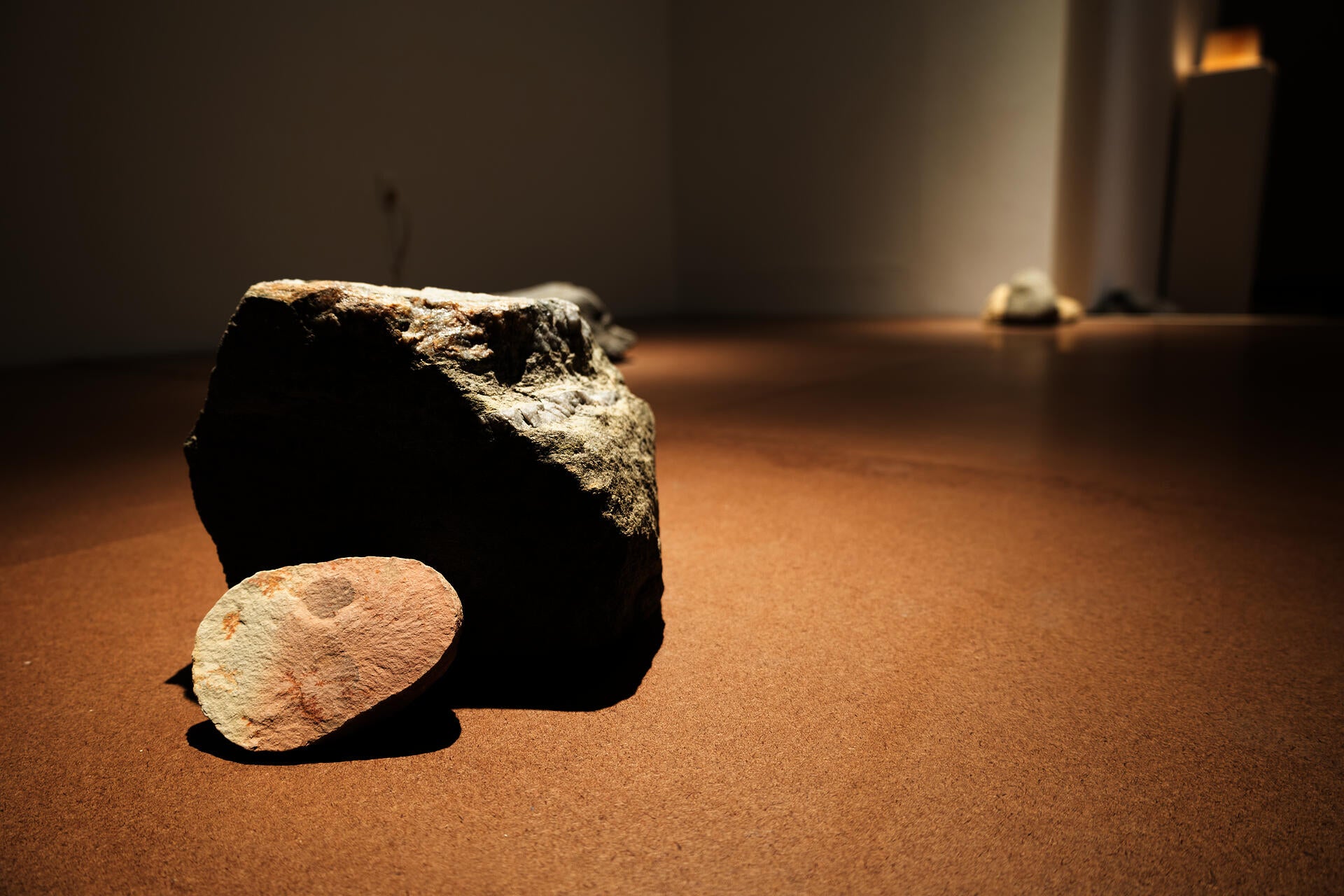 A close-up of a pair of rocks, the large one is angular, with a soft oval shaped rock leaning against it. The two rocks are on a brown flooring, with smaller rocks off in the distance. 