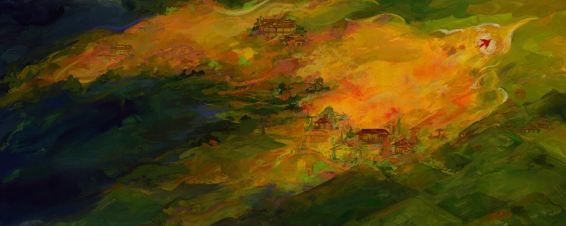 A small red bird radiates yellow light; glowing clouds around it form the silhouette of another bird above a landscape of hills and houses.
