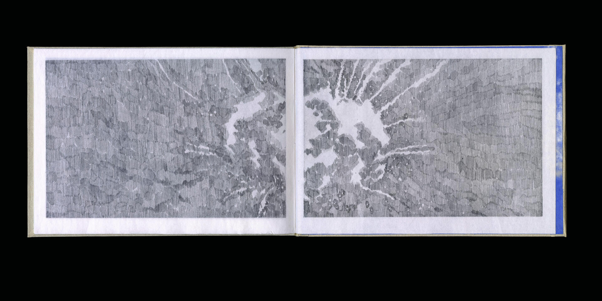 Where the Horizon Folds is an artist’s book consisting of ten etchings and aquatints printed on kozo paper. Through a dos-à-dos binding, the book contains two narratives that meet at a shared center but unfold