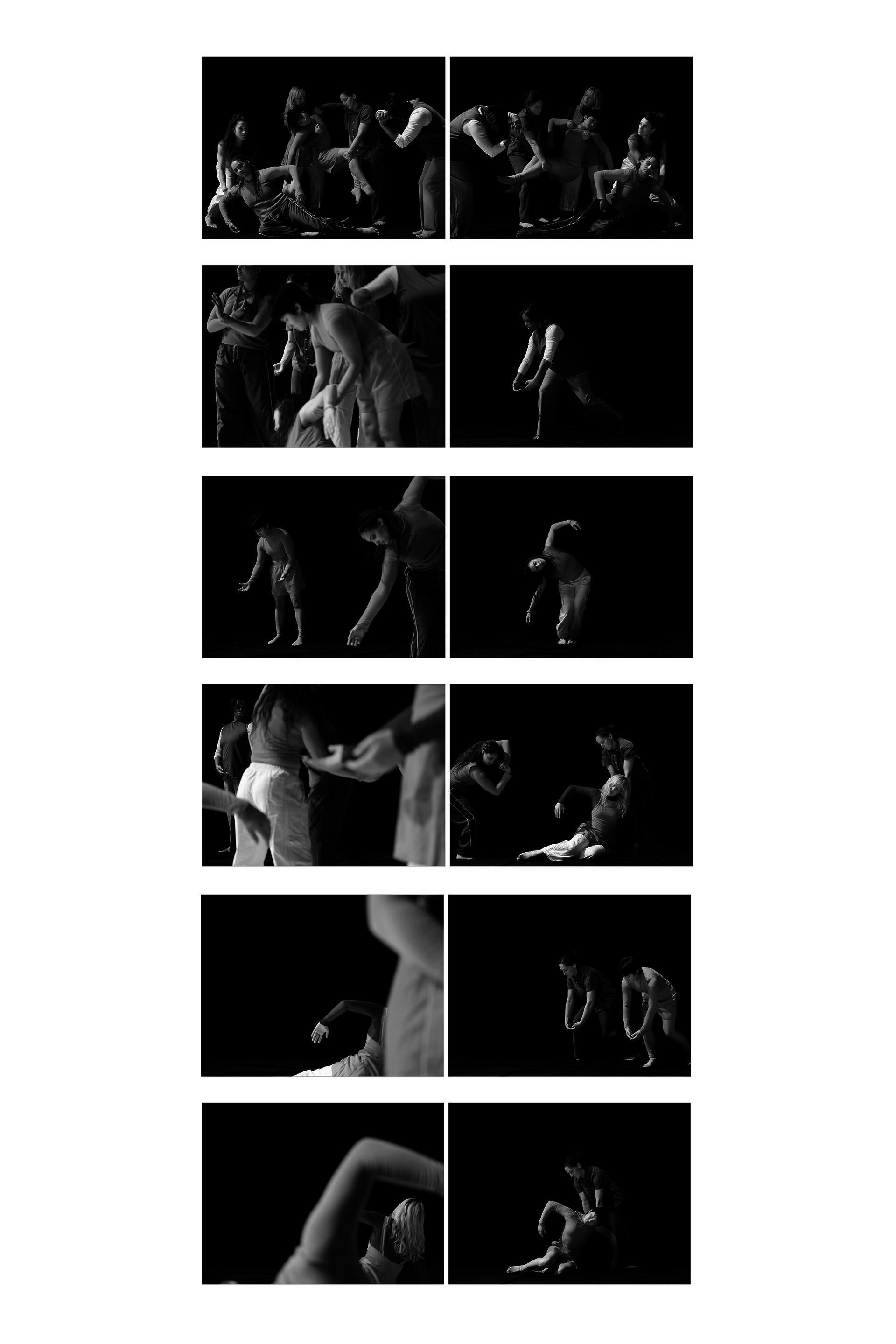 Six female and non-binary identifying dancers create various shapes with their bodies against a black background in this sequence of black and white video stills.
