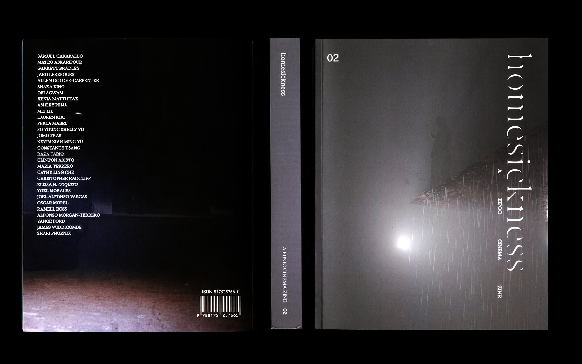 Front cover, spine, and back cover of "homesickness: A BIPOC Cinema Zine, Issue 02," displayed flat against a black background. The cover is a dark gray with the title in large white vertical serif type