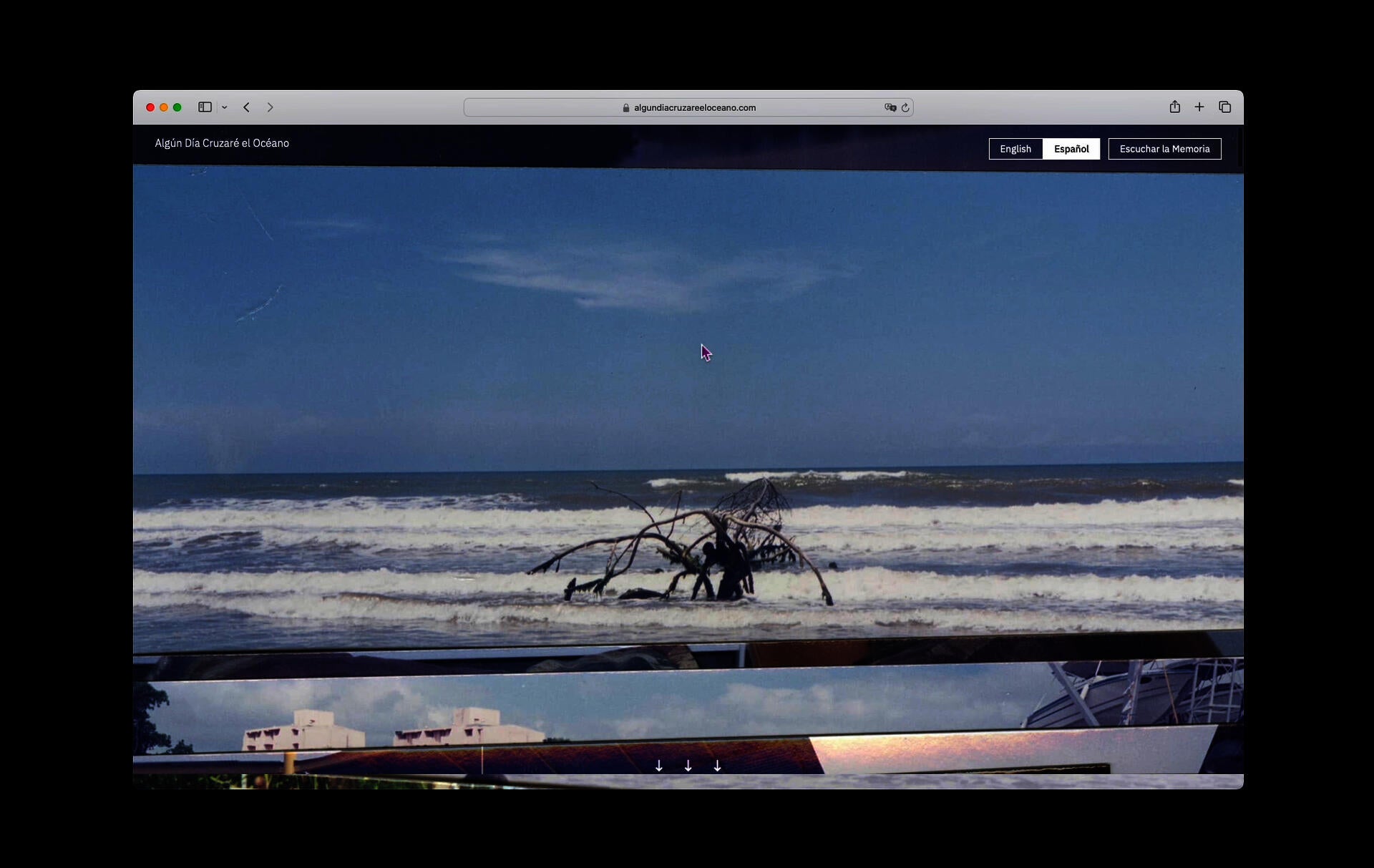 Screenshot of a bilingual website titled "Algún Día Cruzaré el Océano" displayed in a macOS browser window. The full-bleed hero image shows a choppy ocean with a dark, branching driftwood structure rising from the surf