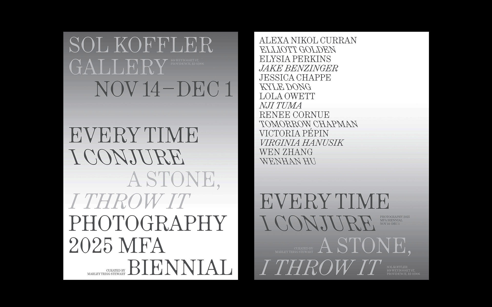 Two front-and-back views of a silver gradient poster for the "Photography 2025 MFA Biennial" at Sol Koffler Gallery, Providence, RI, running November 14–December 1. The title reads "Every Time I Conjure a Stone, I Throw It," curated by Marley Trigg Stewart. The reverse lists fourteen participating artists.