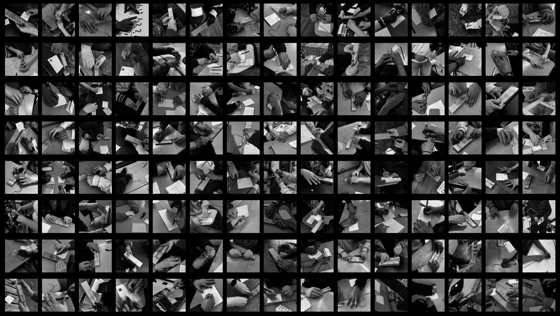 Many hands folding math into wire.