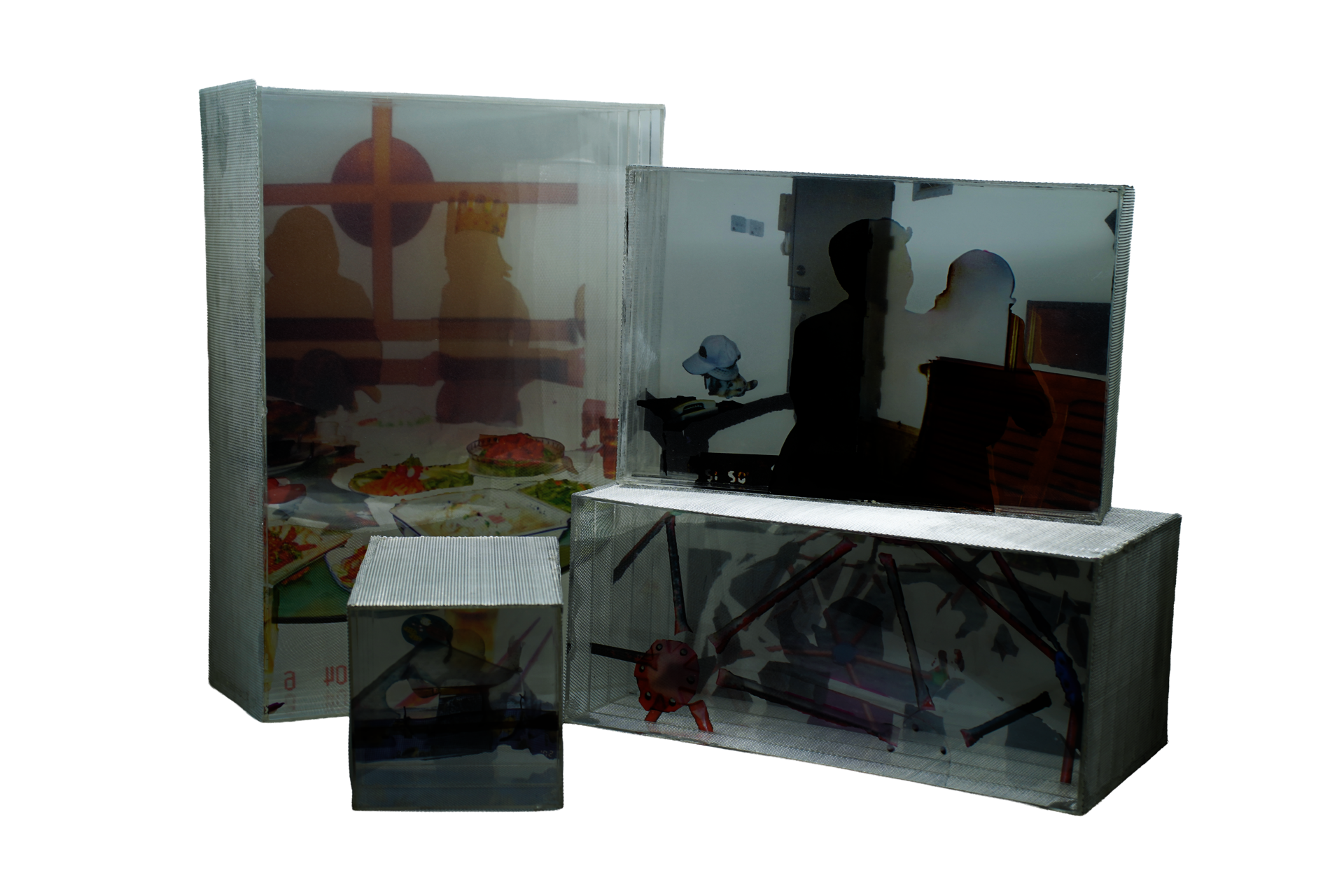 A physical, layered creation derived from a deconstructed archival photograph. The image is separated into multiple cut and printed layers on transparent paper. These paper sections are stratified using clear acrylic layers, adding tangible thickness