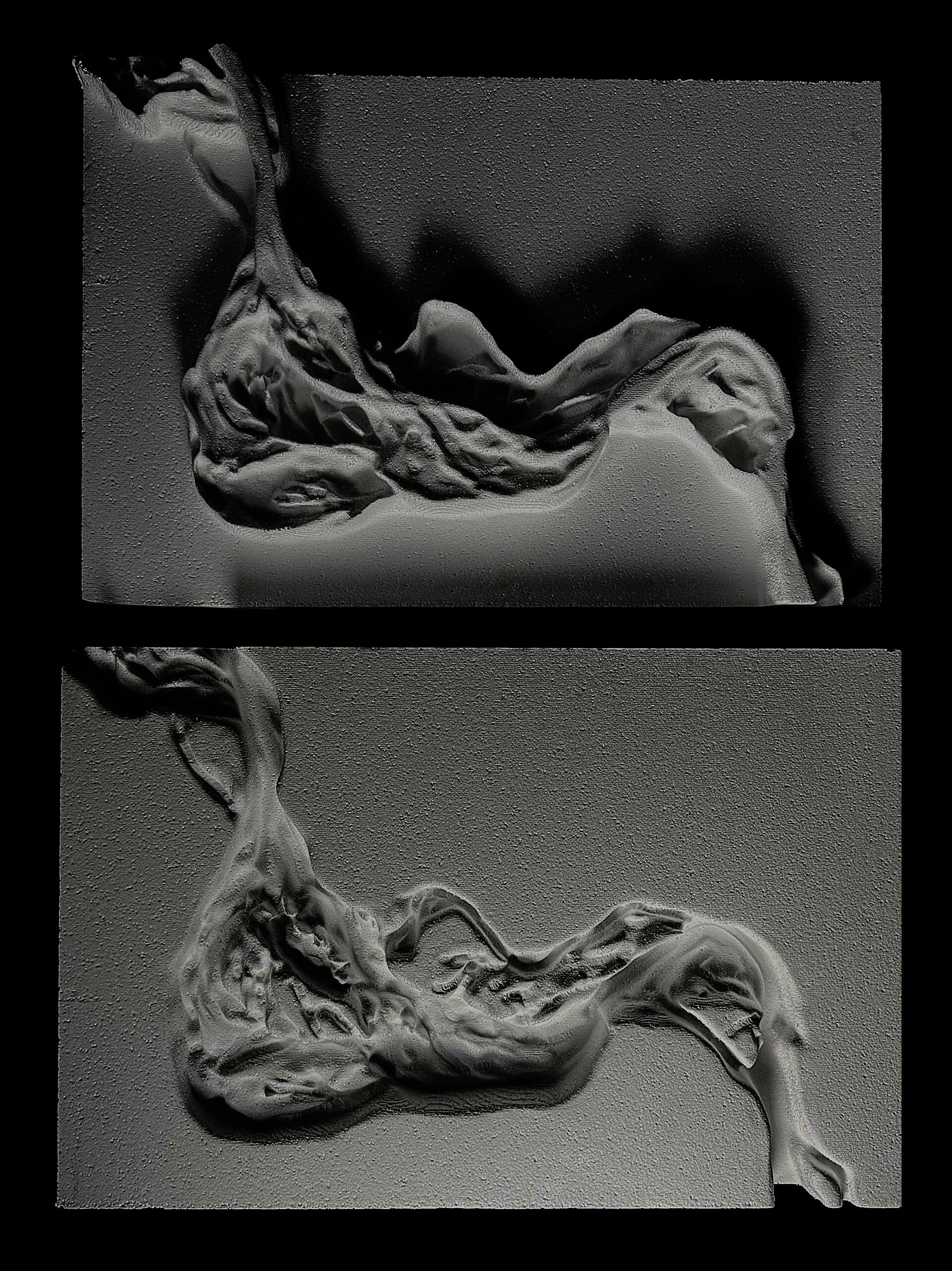 Images of 2 foam models with a river's meander over time carved in with different depth intensities.