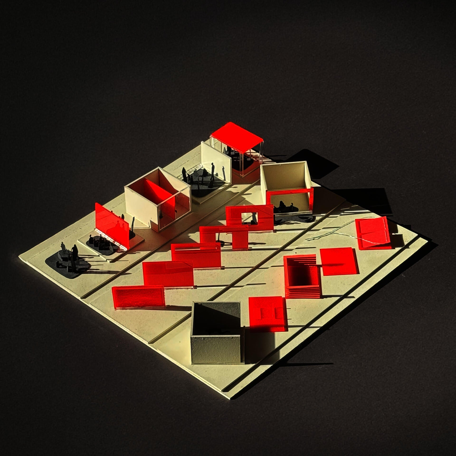 An image with a model of small rooms, each with a plane of the room highlighted. 