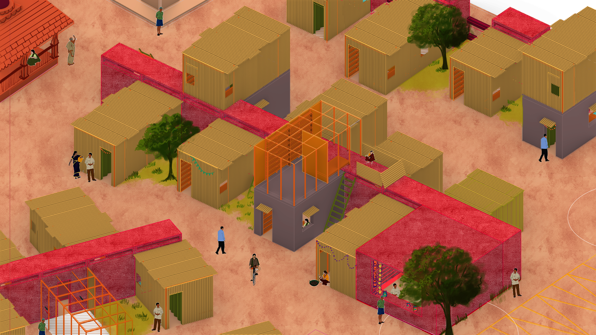 An Image of an infromal settlement full of color, life and people going about their daily activity.