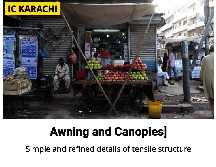 Patchwork fabric and metal awnings extend over a Karachi street, improvised shelters in warm, dusty light; showcases nformal architecture as collective survival.