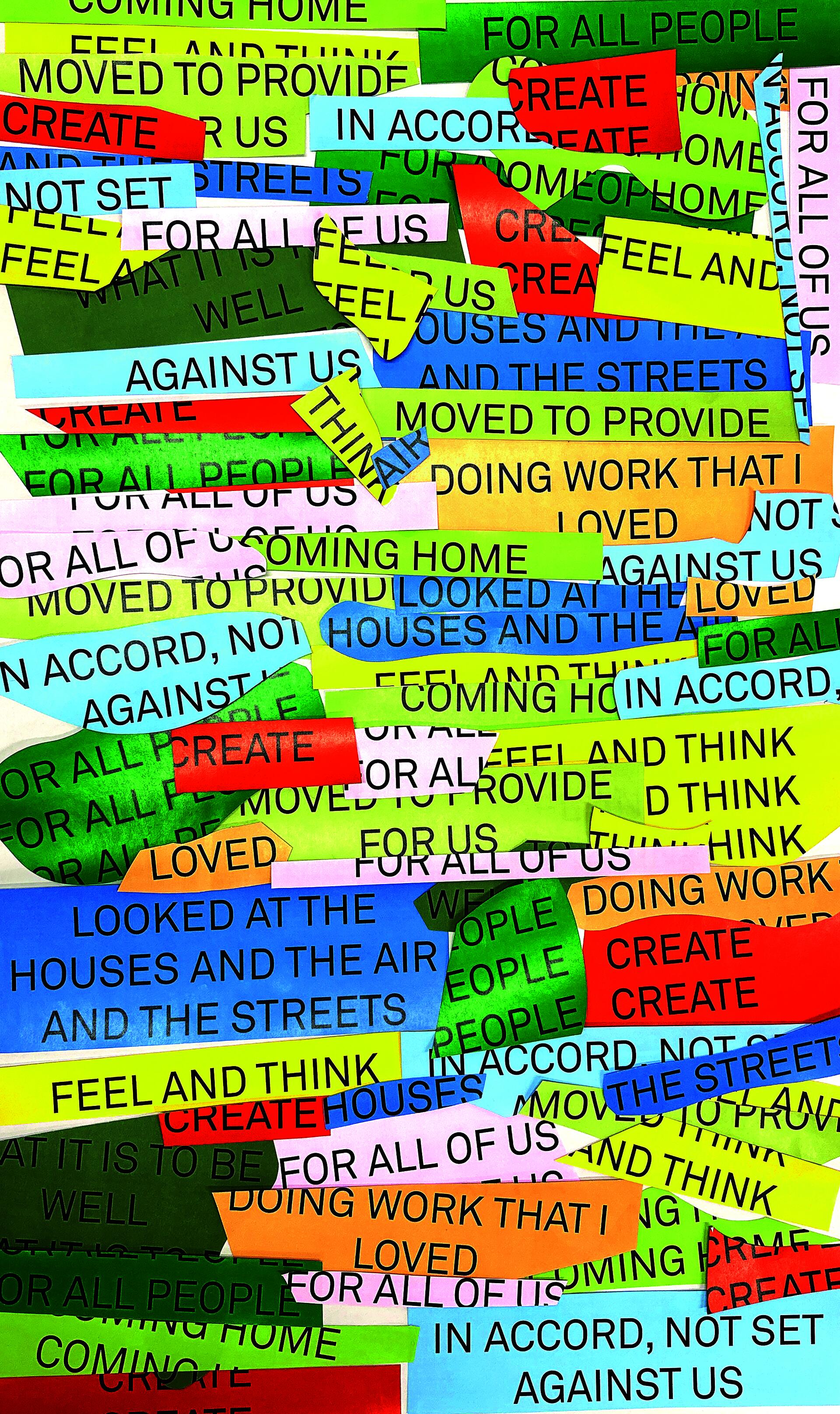 Colorful poster created by hand-arranging cutout text excerpts of a poem by Karen Brodine; each cutout has a solid color background and black sans serif text