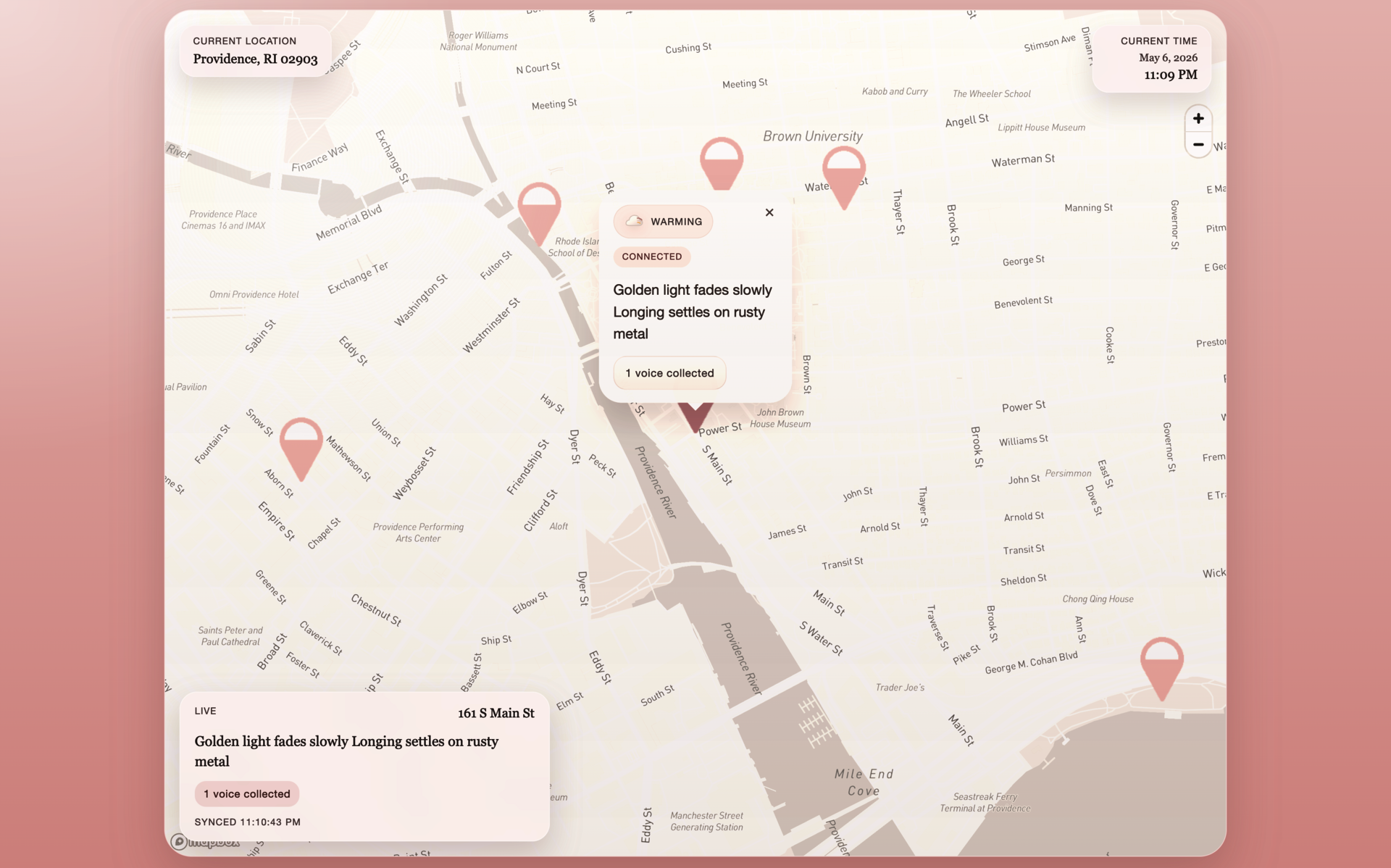 A soft pink-tinted map of Providence, Rhode Island showing location pins with a popup displaying a poetic message: "Golden light fades slowly. Longing hearts reach outward." Four voices collected, with audio playback available.